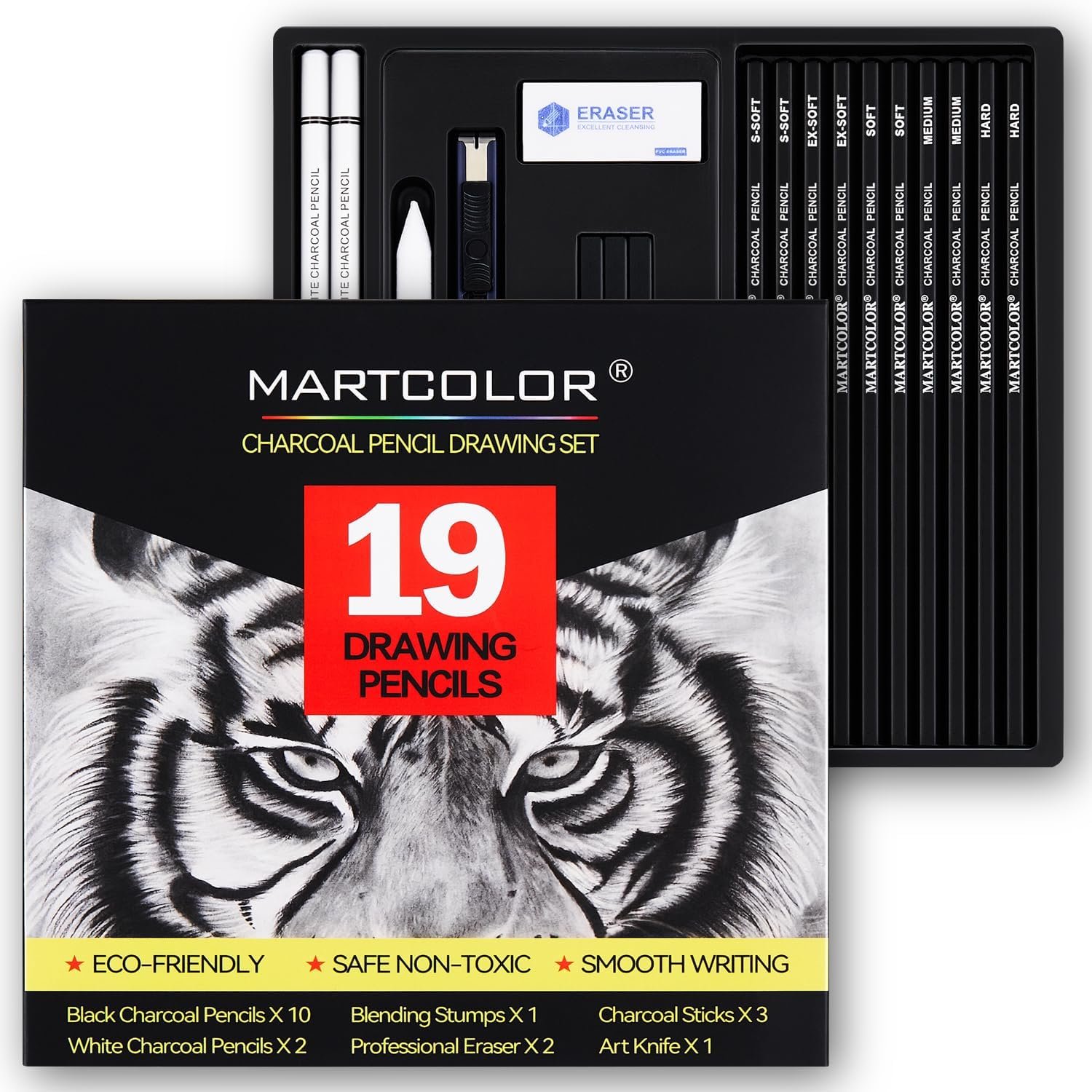 MARTCOLOR Charcoal Drawing Set, 19 Pieces, Black & White Charcoal Pencils