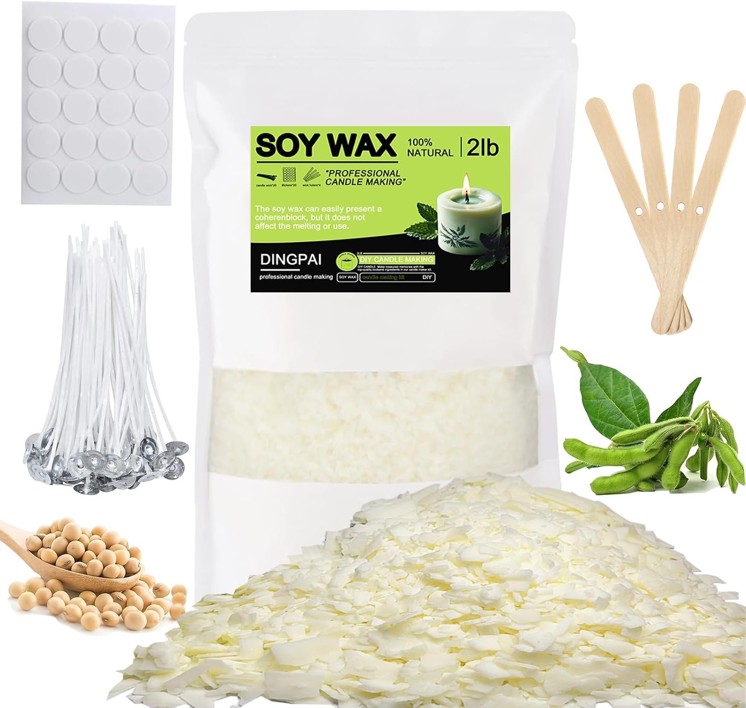 DINGPAI Natural Soy Wax for Candle Making, 2lb Organic Soy Wax Flakes