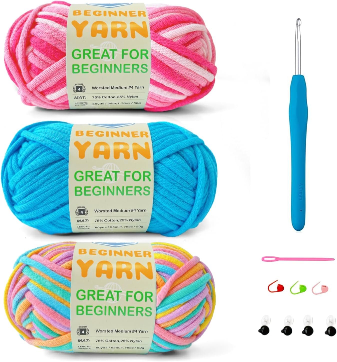 Easy Yarn for Beginner – Crocheting and Knitting Yarn |3 * 1.76oz/60yds; Easy-to-See Stitches; Worsted-Weight Medium #4; Cotton Blend; Amigurumi Crochet Kit(Petal+Blue+Merry Pink)