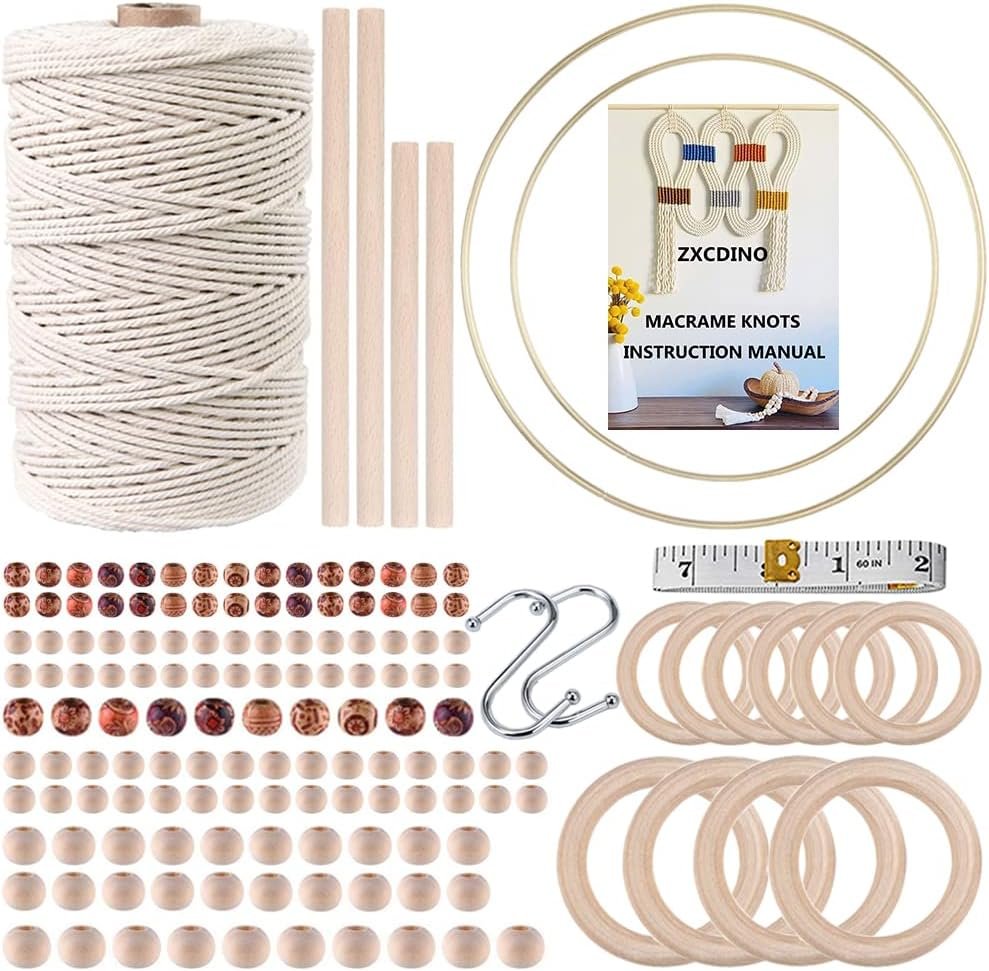 152pcs Macrame Kit for Beginners: Natural Cotton Macrame Cord, Wooden & Metal Rings, Beads, Sticks & Hoops – Perfect for Macrame Plant Hangers & Home Decor