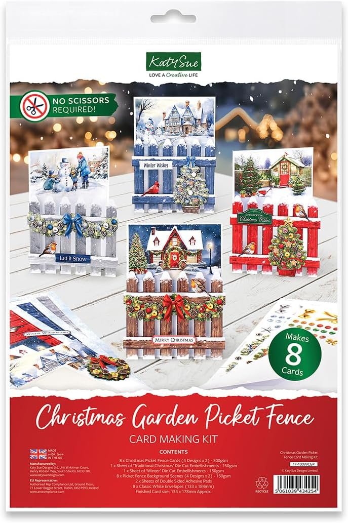 Katy Sue Christmas Garden Picket Fence Card Making Kit – 8 Shaped Cards, Die-Cut Embellishments, Background Scenes, Foam Pads, Instructions & 8 Envelopes for Christmas Card Making Supplies. UK-Made.