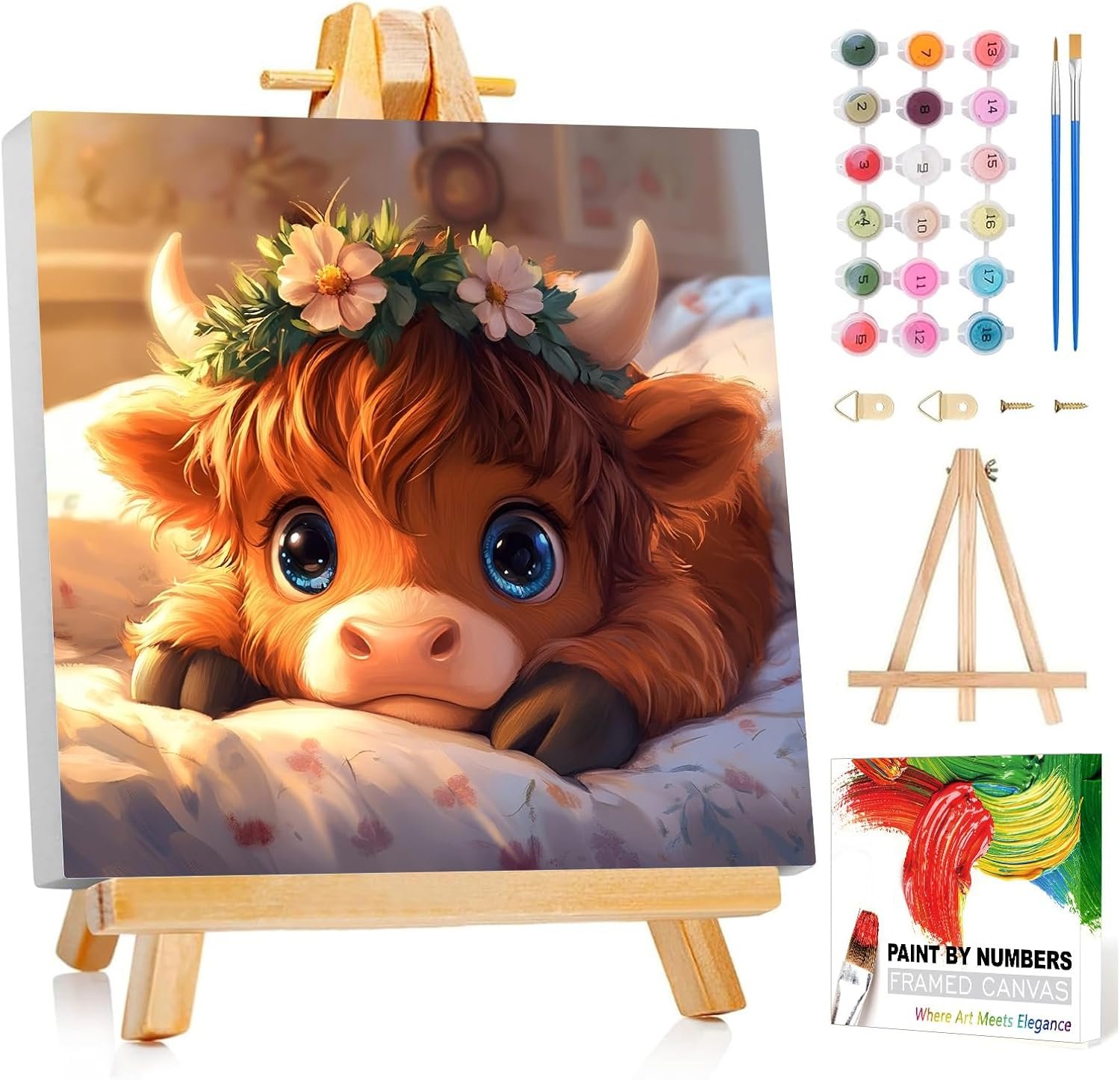 Reivworl Cow Paint by Numbers Kit for Kids with Frame 8×8 inch