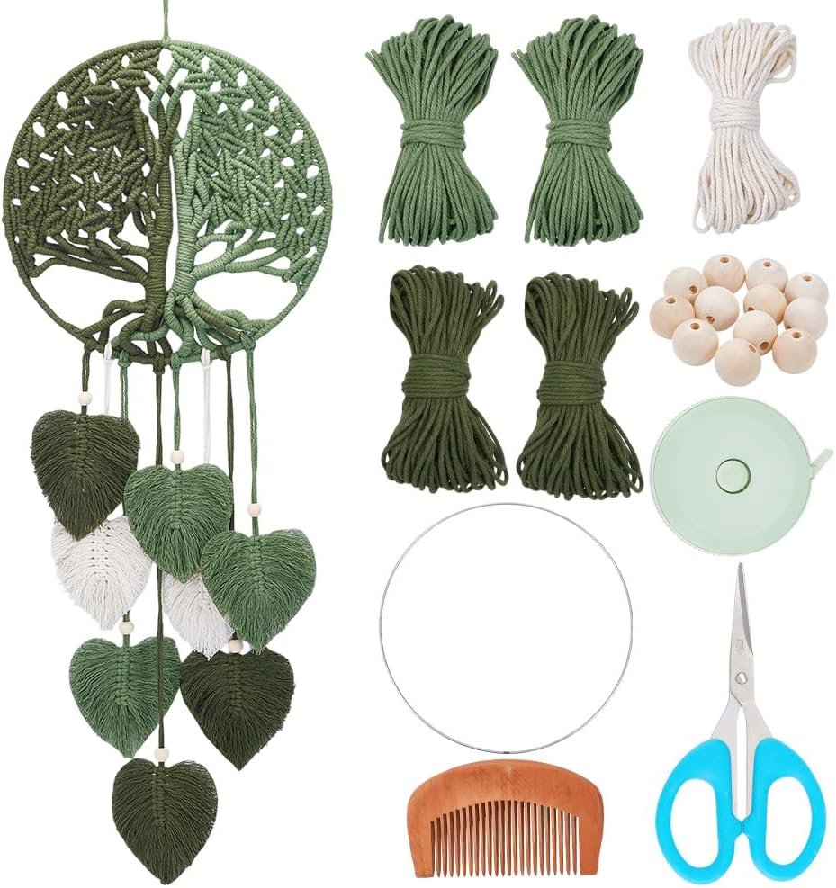 ACRNIGHEET DIY Macrame Kit for Adults Beginners Handmade Green Leaves Tree of Life DIY Boho Macrame Wall Hanging Ornaments with Macrame Supplies Macrame Wall Hanging Kit for Home Decor