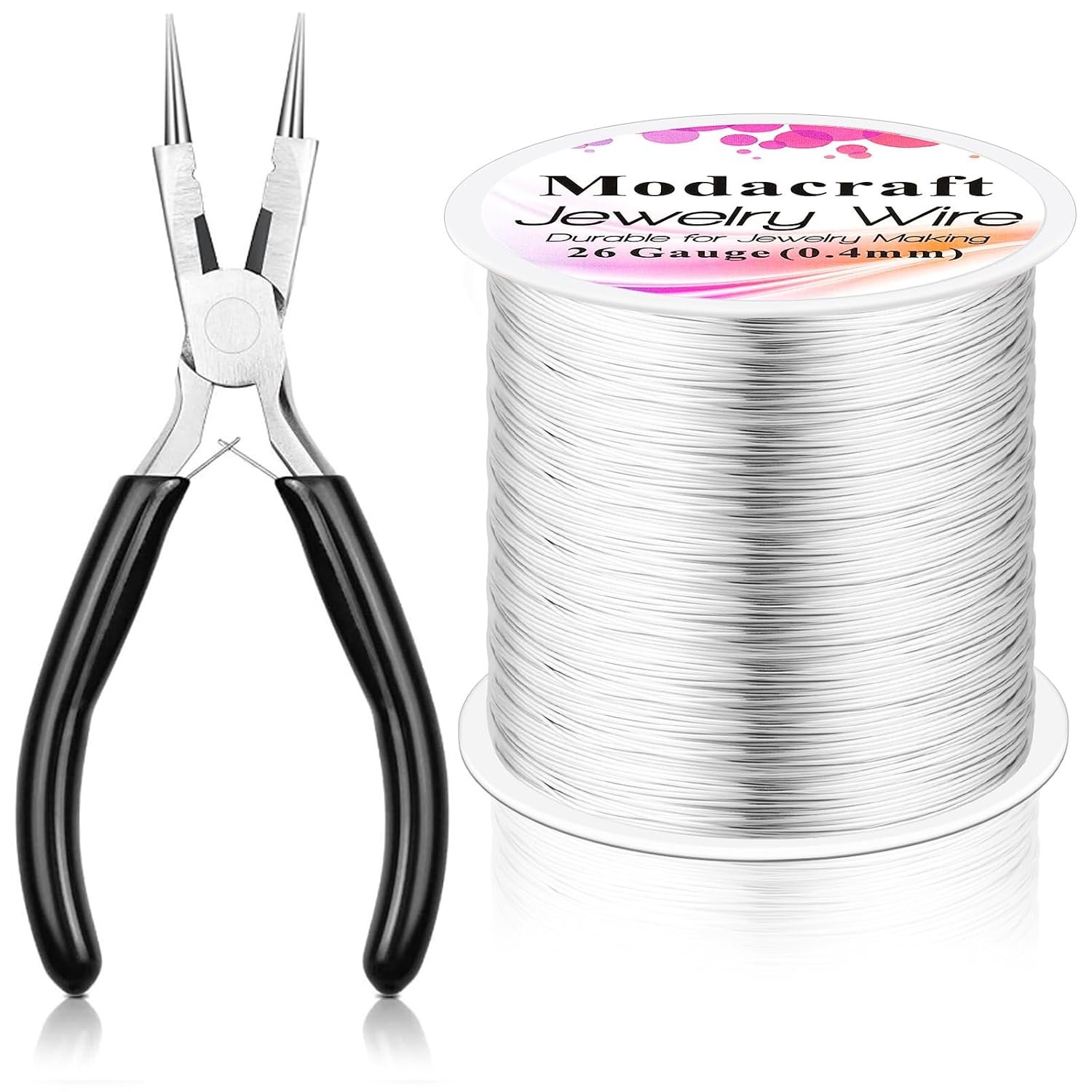 Modacraft 26 Gauge Wire for Jewelry Making with Multipurpose Piler, 328.1 FT/0.4 mm Craft Silver Jewelry Wire Tarnish Resistant Copper Beading Making Supplies and Crafting (Silver)