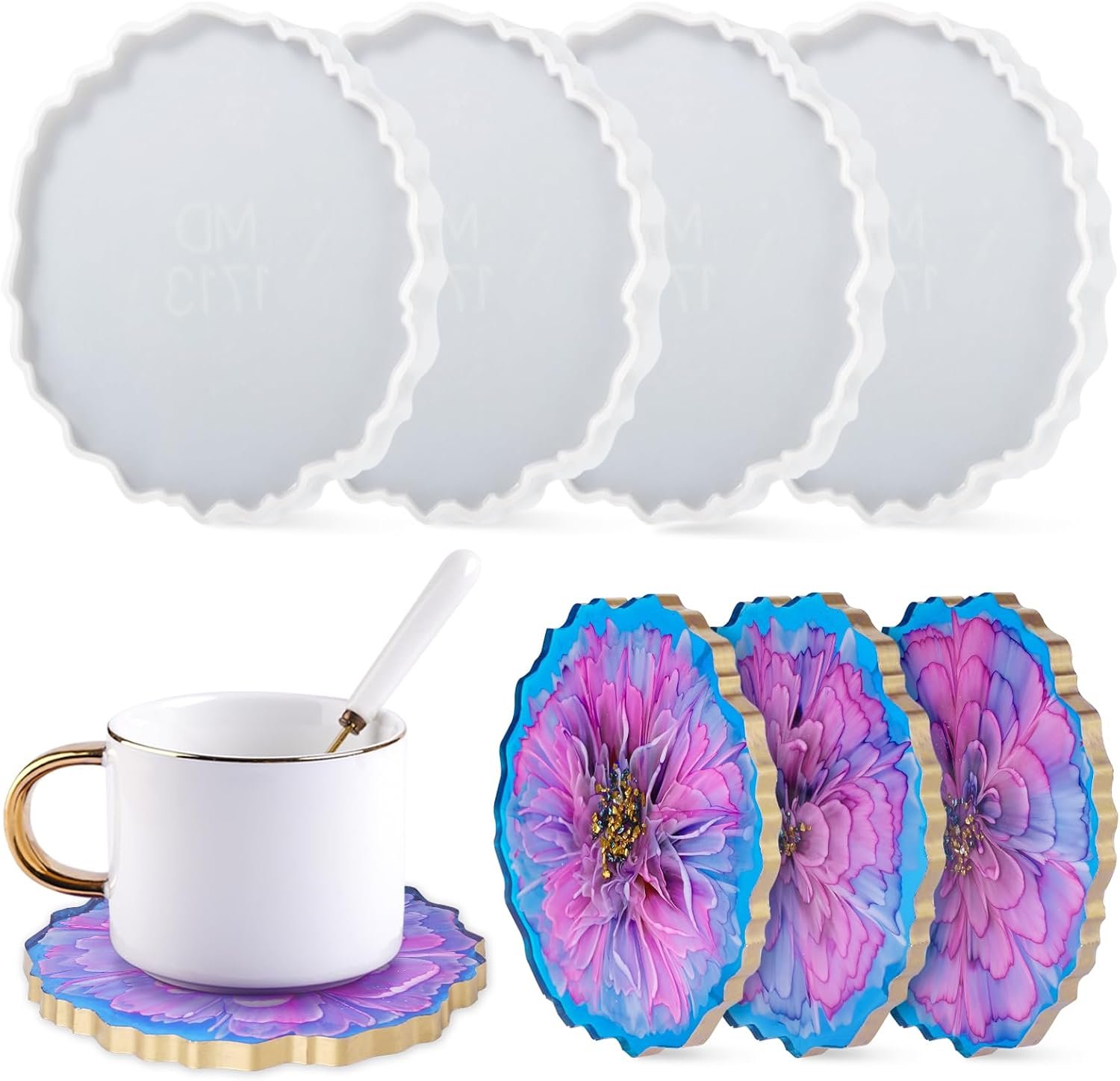 LET’S RESIN 4Pcs Resin Coaster Molds, Druzy Geode Agate Silicone Coaster Molds for Epoxy Resin, 5Inches Large Mould for DIY Art Craft Cup Mats, Durable and Flexible Moulds