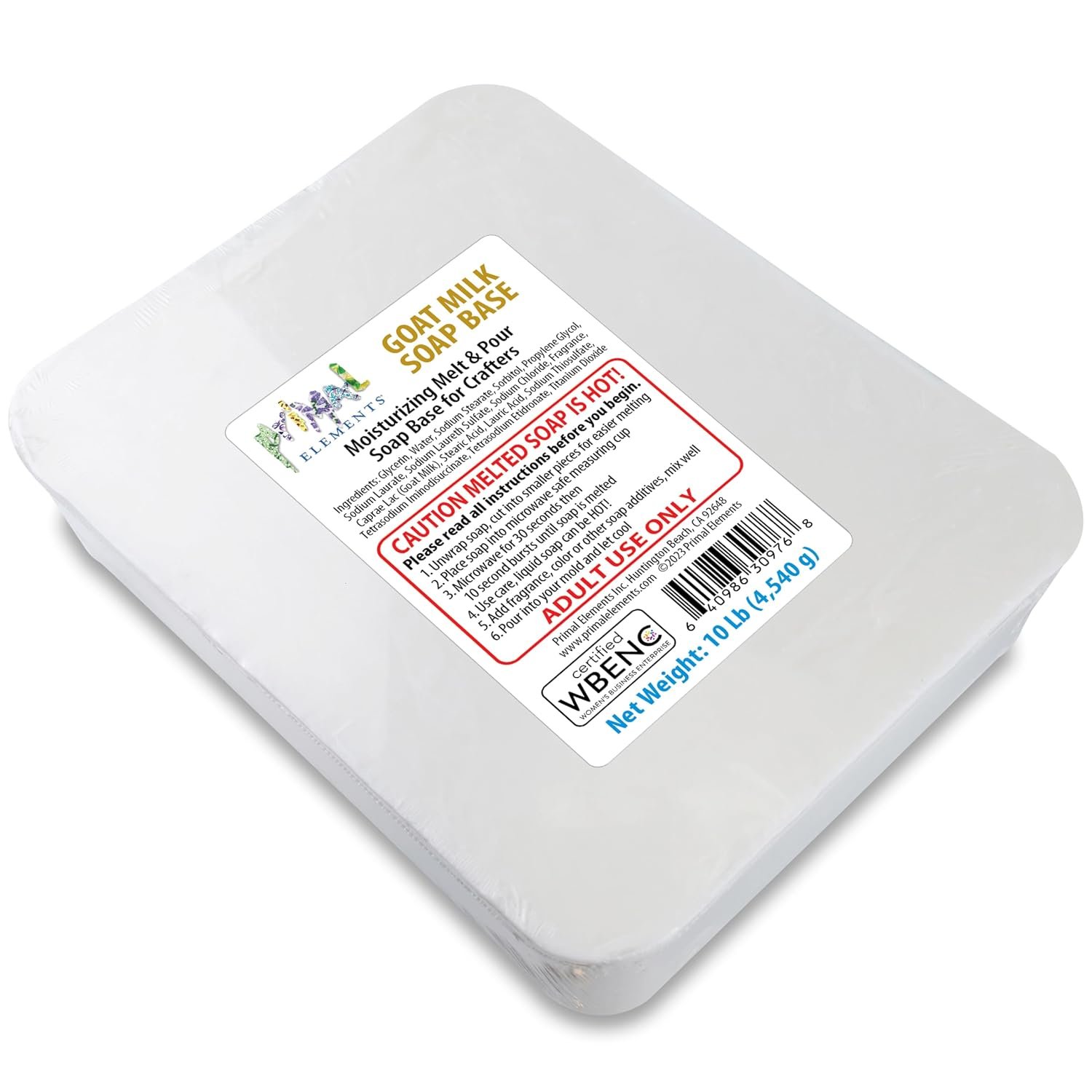 Primal Elements Goat Milk Soap Base – Moisturizing Melt and Pour Glycerin Soap Base for Crafting and Soap Making, Easy to Cut – 10 Pound