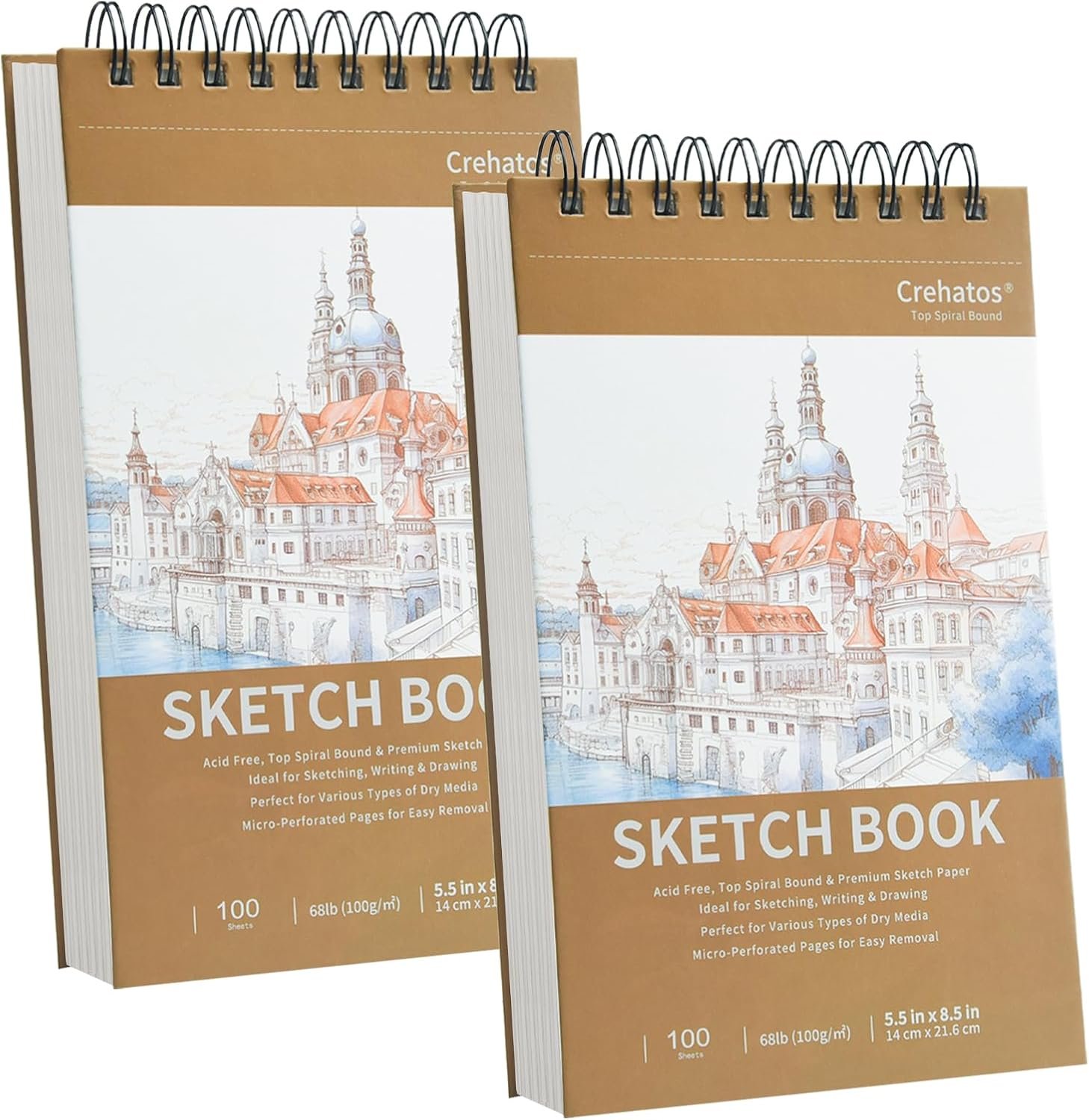Crehatos 5.5″ x 8.5″ Small Sketch Book, Top Spiral Bound Sketch Pad, 100 Sheets Each 68lb/100gsm Drawing Paper, 2 Pack