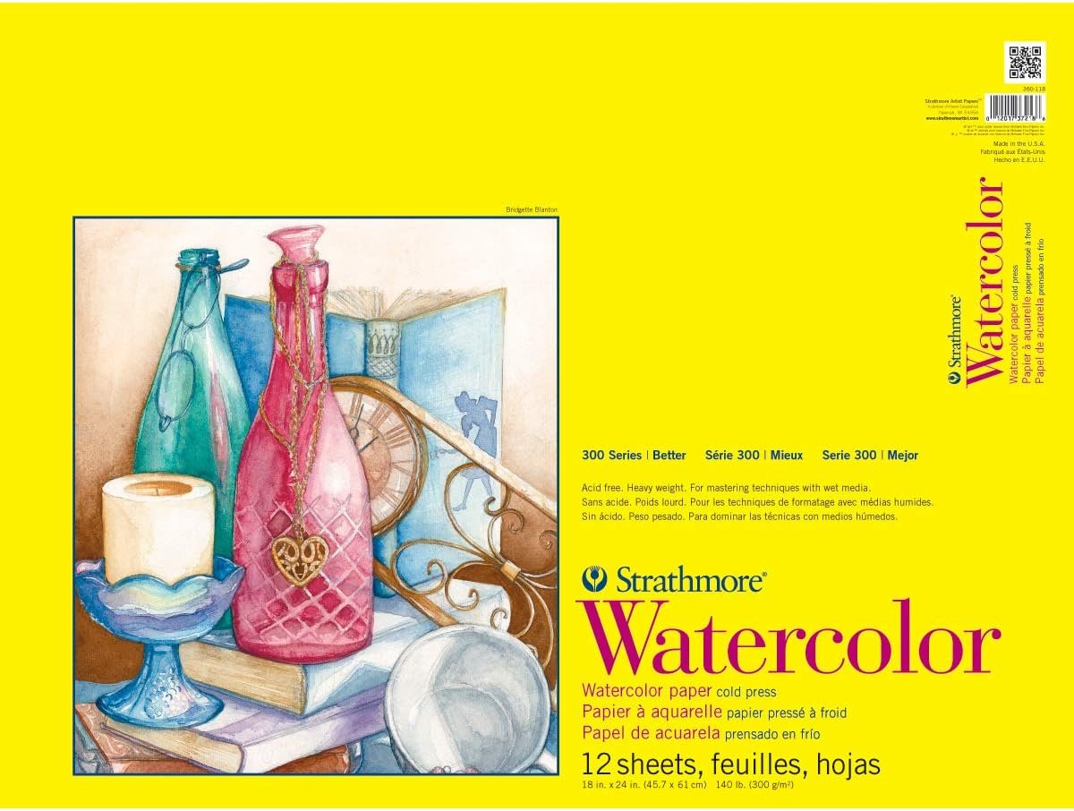 Strathmore 300 Series Watercolor Paper Pad, Tape Bound, 18×24 inches, 12 Sheets (140lb/300g) – Artist Paper for Adults and Students – Watercolors, Mixed Media, Markers and Art Journaling