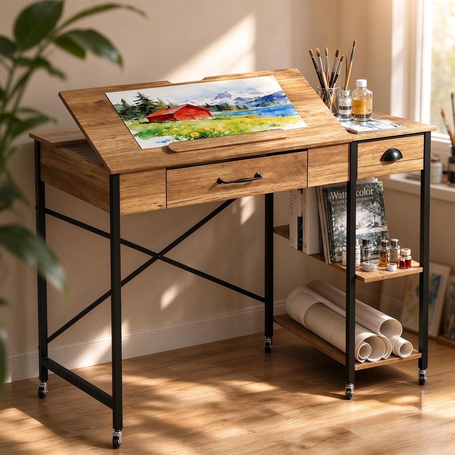Rolling Drafting Table with Storage, Craft Art Table