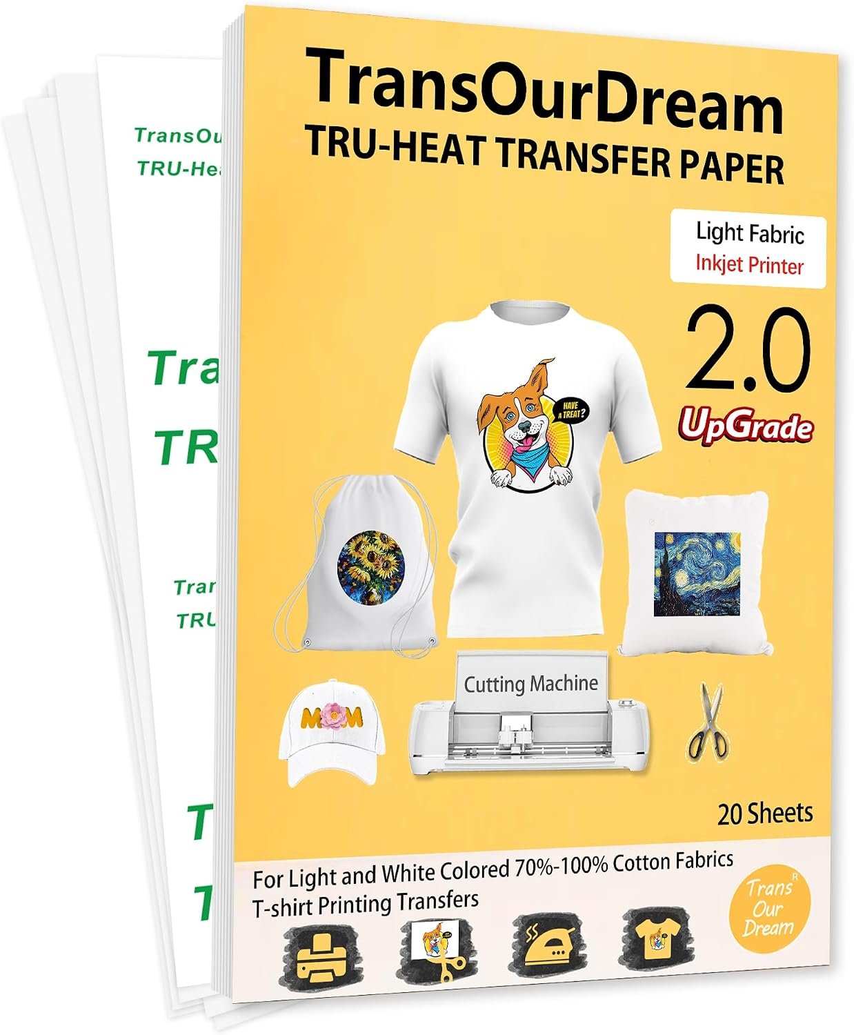 TransOurDream Upgraded Iron on Heat Transfer Paper for T Shirts (20 Sheets, 8.5×11) Iron on Transfers for Light Fabric Printable Heat Transfer Vinyl for Inkjet Printer (TOD-4)
