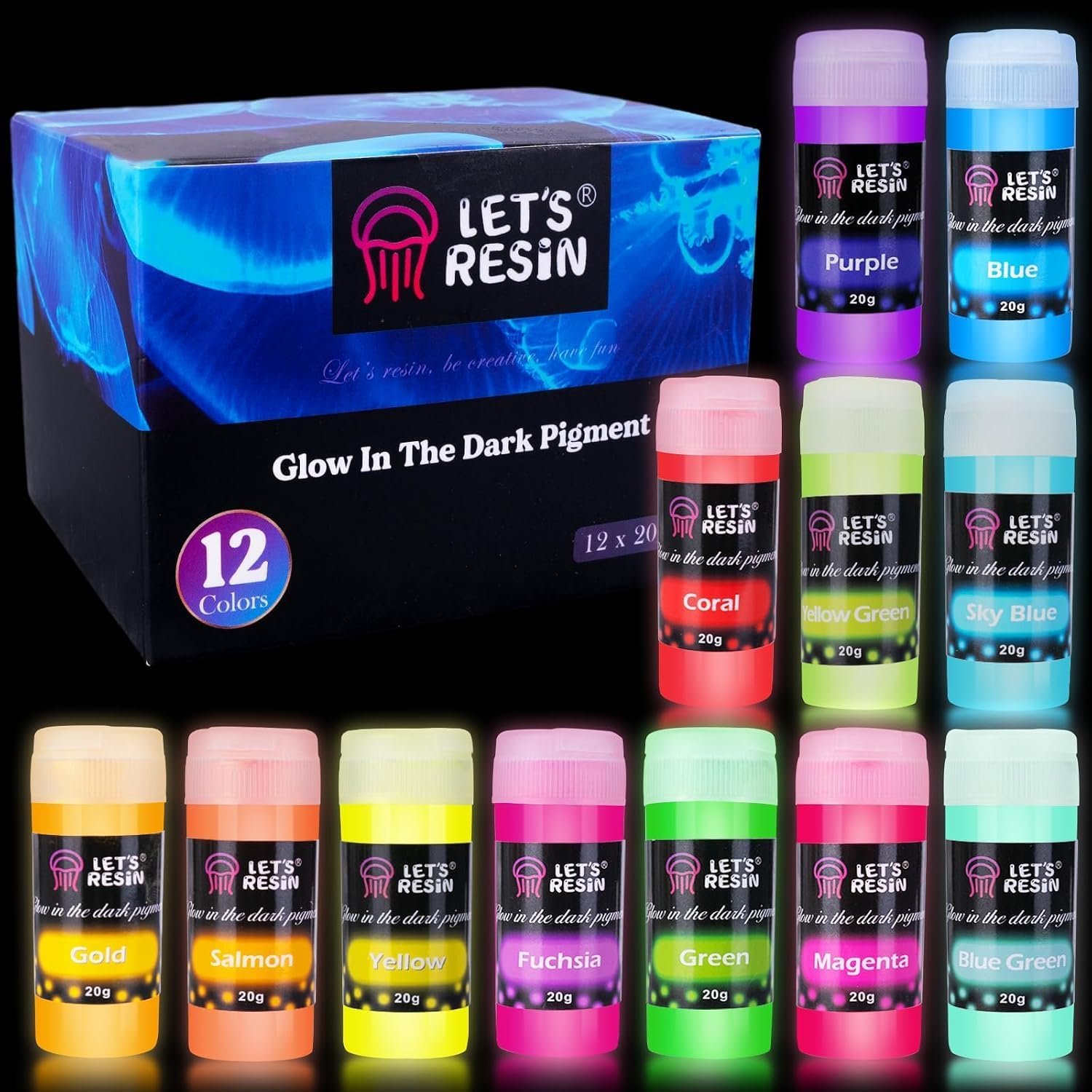 LET’S RESIN 12 Colors Glow in The Dark Pigment Powder for Resin – 20g/Jar
