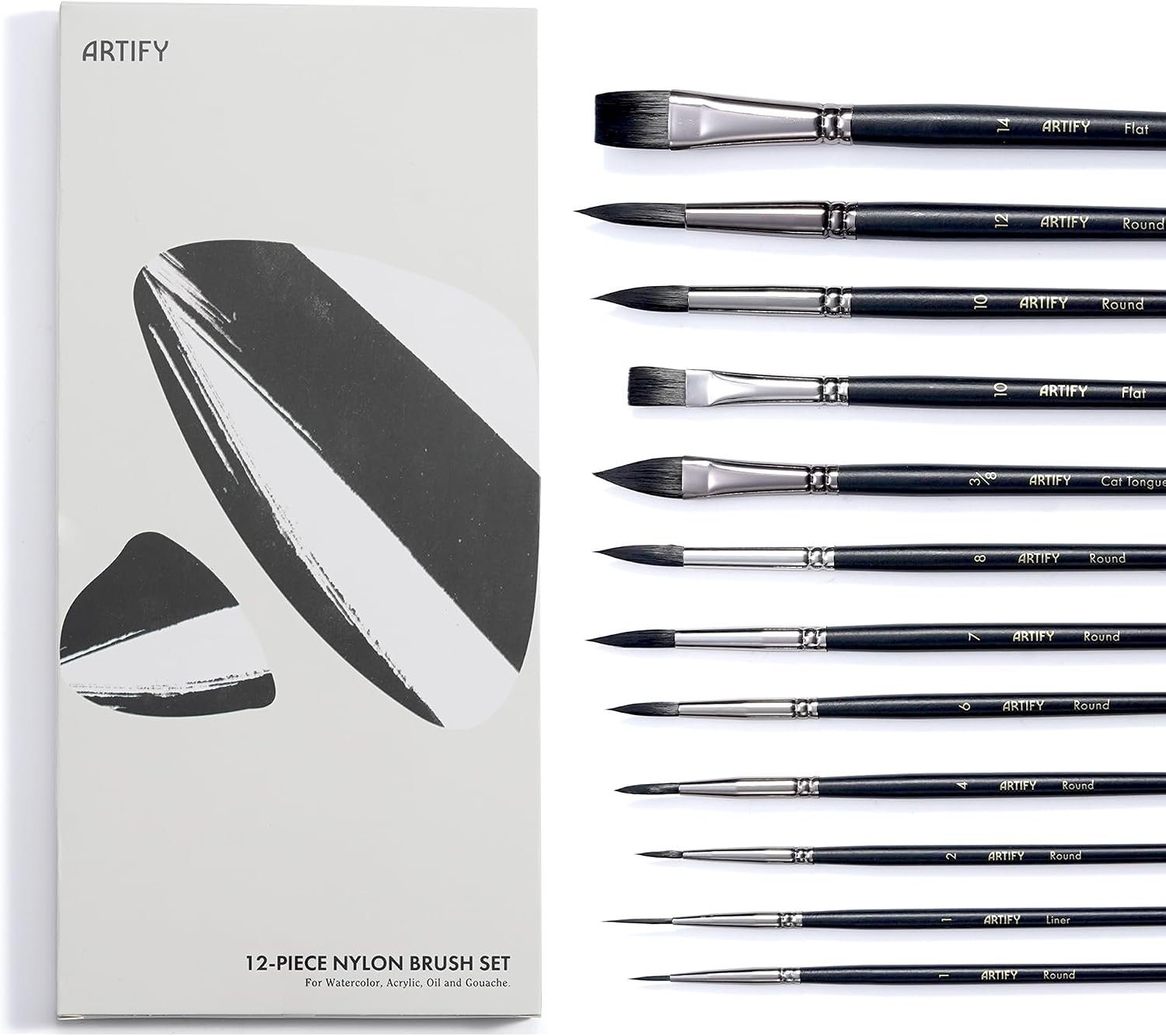 ARTIFY 12 PCS Watercolor Brushes Set, Premium Bionic Hair Brushes for Watercolor, Gouache, Fluid Acrylic – Detail, Round, Flat, Cat’s Tongue, Liner