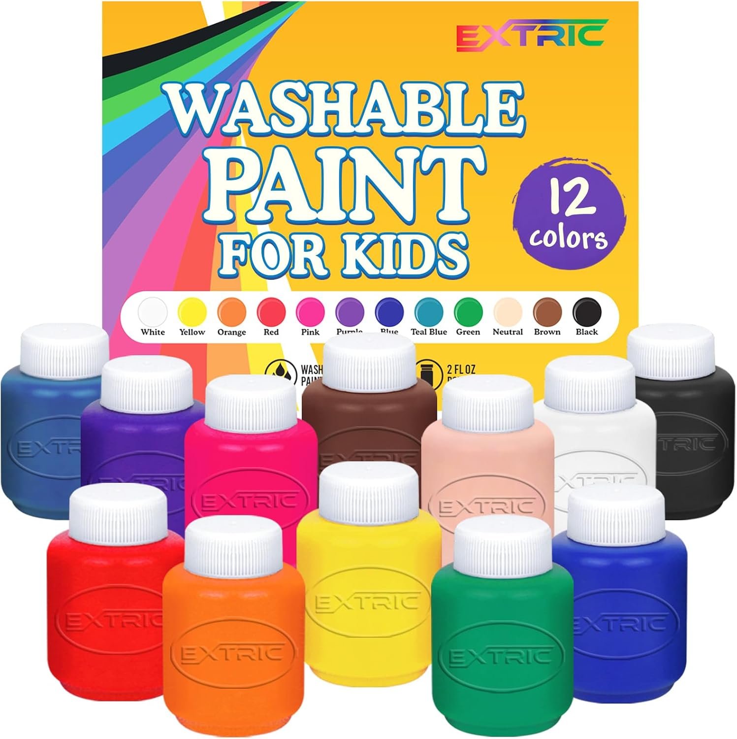 EXTRIC Washable Paint for Kids 12 PK Tempera Finger Paints 2oz Bottles