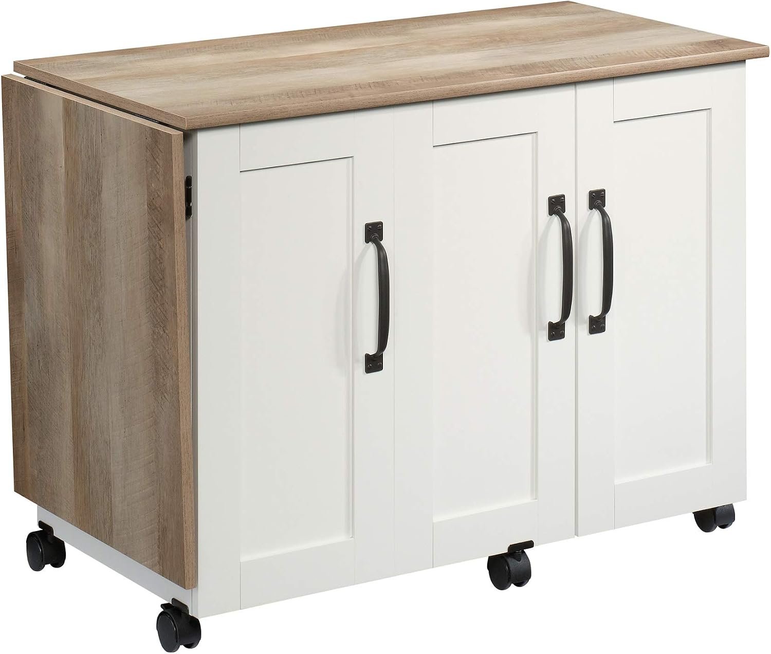 Sauder Miscellaneous Storage Sewing Cart, Drop-Leaf Craft Table, Sewing Table with Storage – Soft White Finish