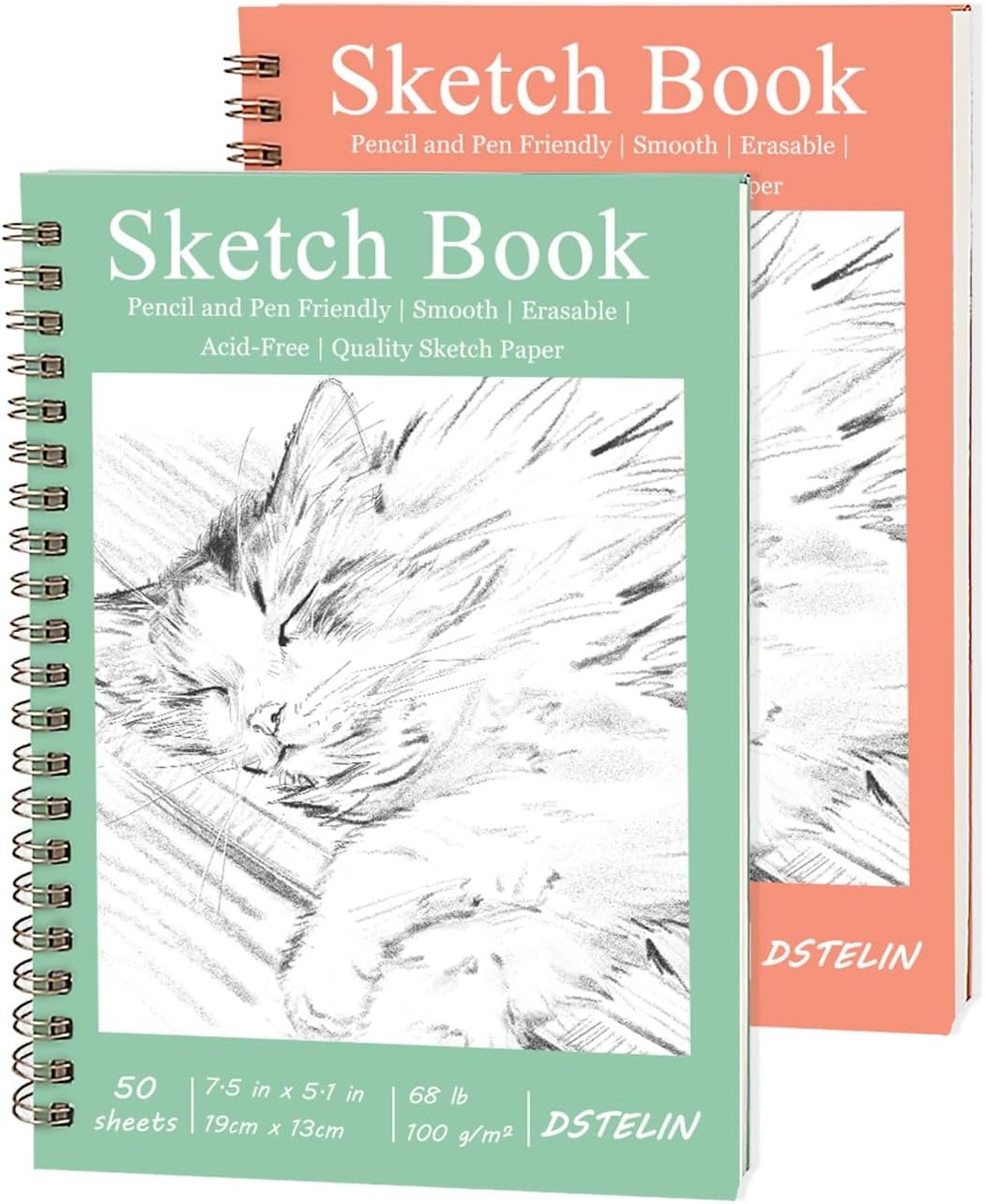 DSTELIN 2 Pack Hardcover Sketchbooks (100 GSM Sketch Paper), 7.5×5.1 Inch Spiral Sketch Book for Sketching, Drawing, Painting, 50 Sheets per Pack, Pink and Green