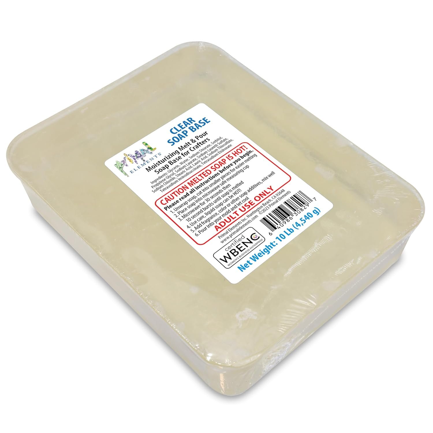 Primal Elements Clear Soap Base – Moisturizing Melt and Pour Glycerin Base for Crafting, Easy to Cut, Unscented – 10 Pound