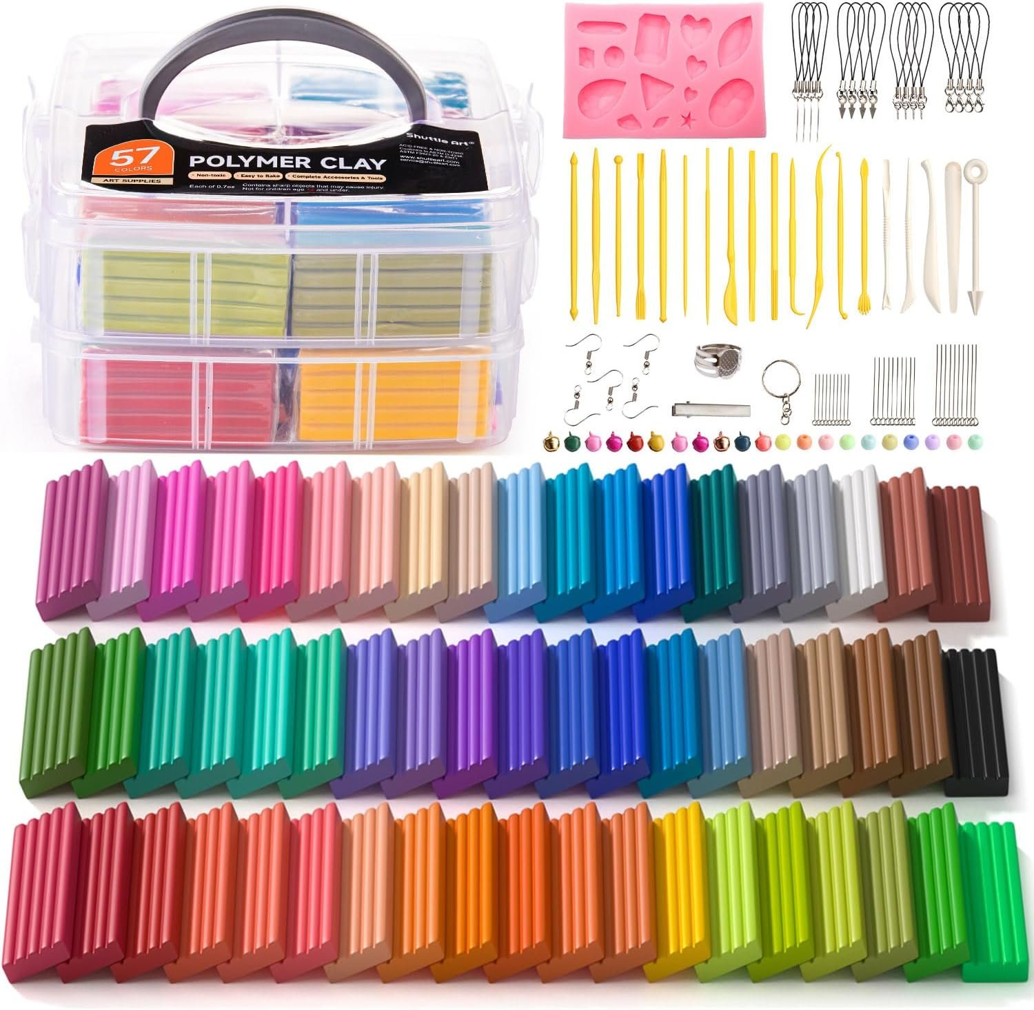 Shuttle Art Polymer Clay Kit, 57 Colors Oven Bake Clay for Kids with 19 Carving Tools and 10 Accessories, Non-Sticky, Non-Toxic, Ideal Gift for Kids