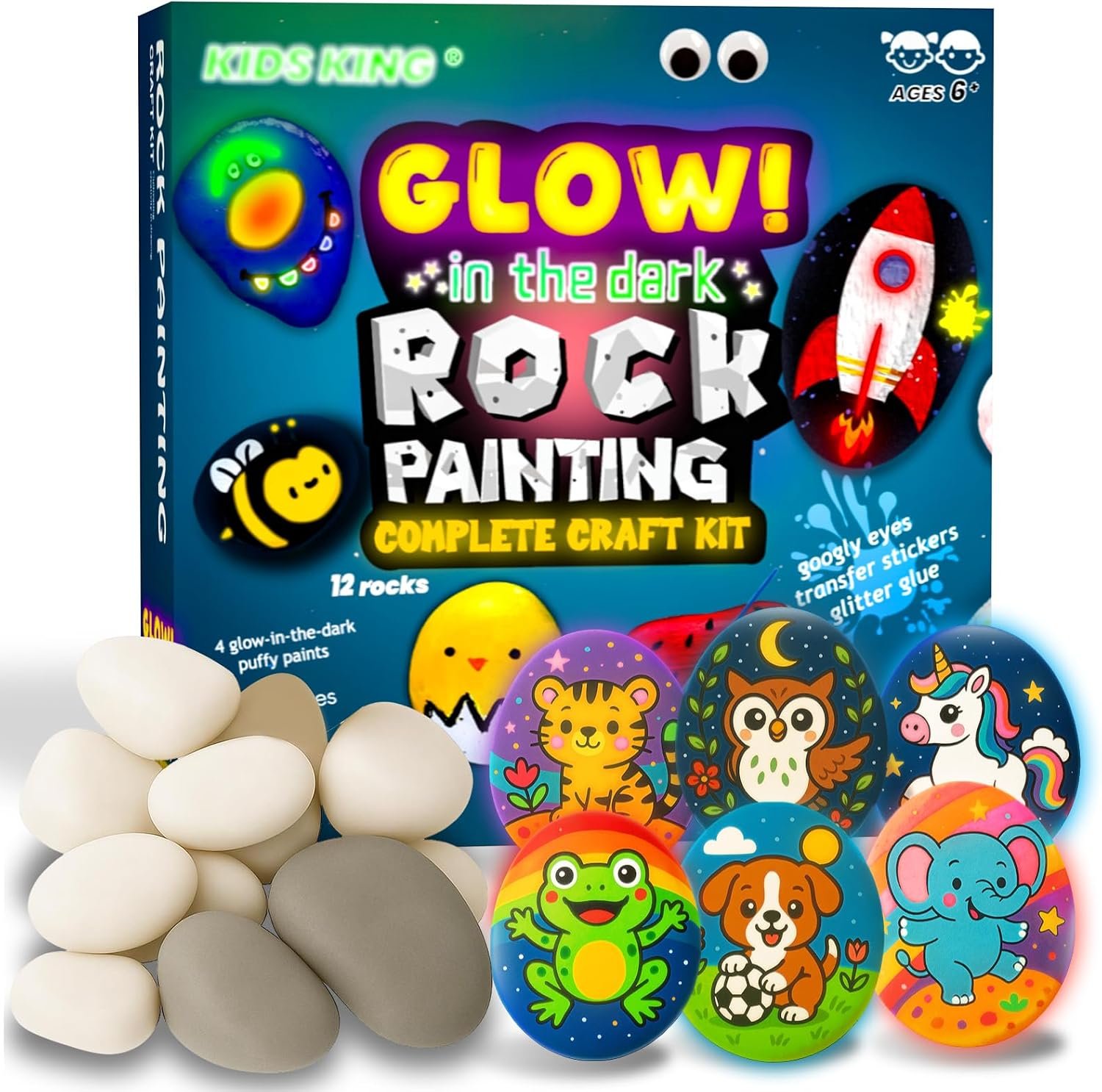 KIDS KING Rock Painting Kit Glow in the Dark, Art Craft Kit for Kids Age 6+