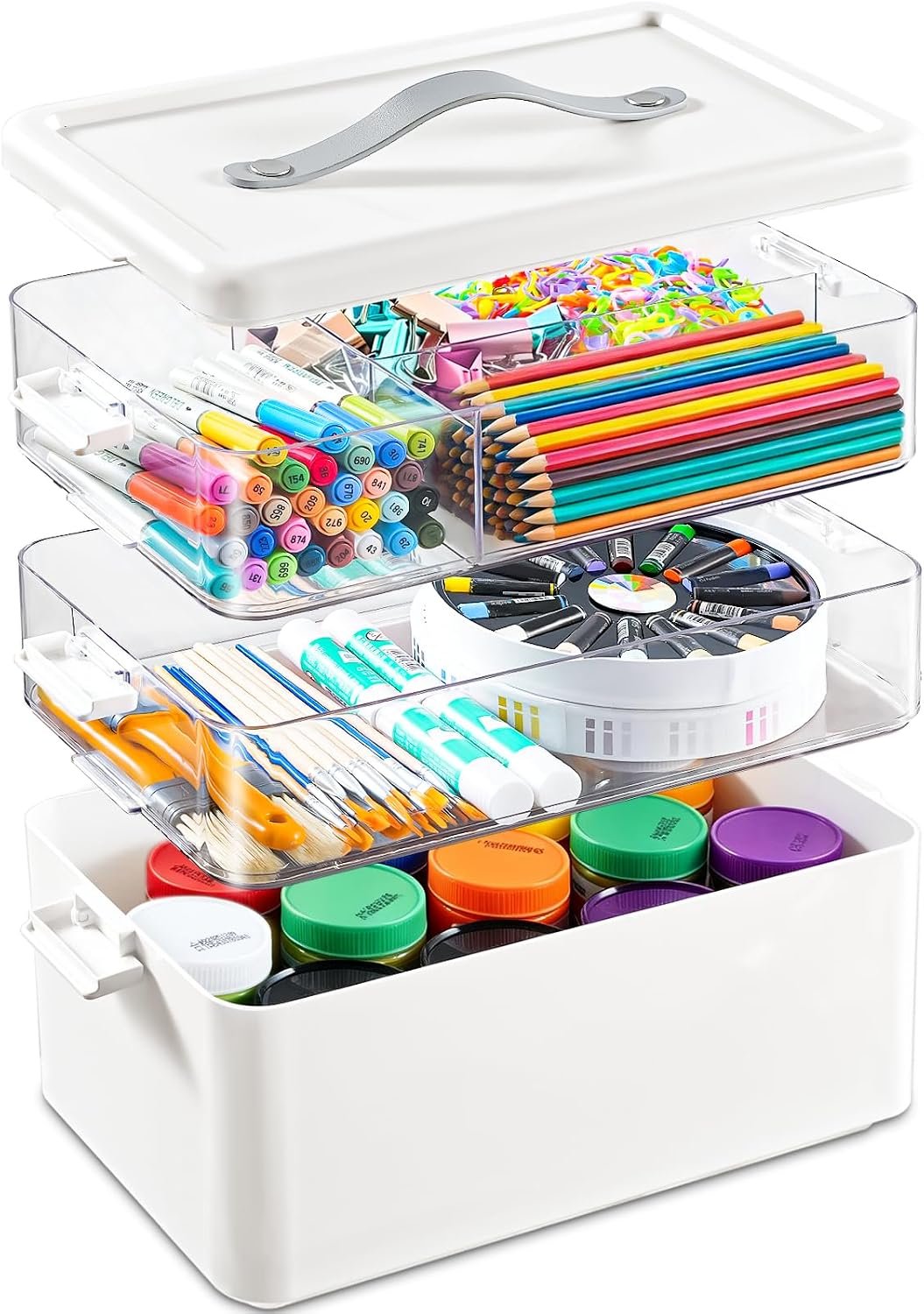 19QT Large Plastic Craft Organizers and Storage Box,3-Layer Portable Craft Storage Container with Handle,Art Supply Storage Organizer,Sewing Box Organizer