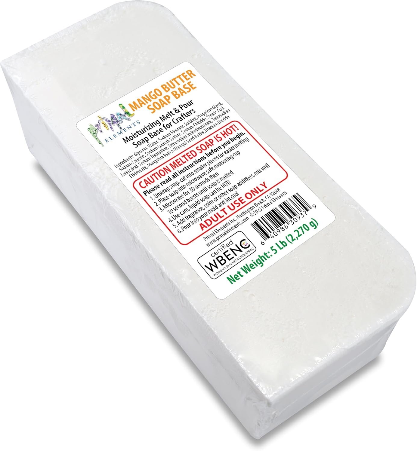 Primal Elements Mango Butter Soap Base – Moisturizing Melt and Pour Glycerin Soap Base for Crafting and Soap Making, Easy to Cut – 5 Pound