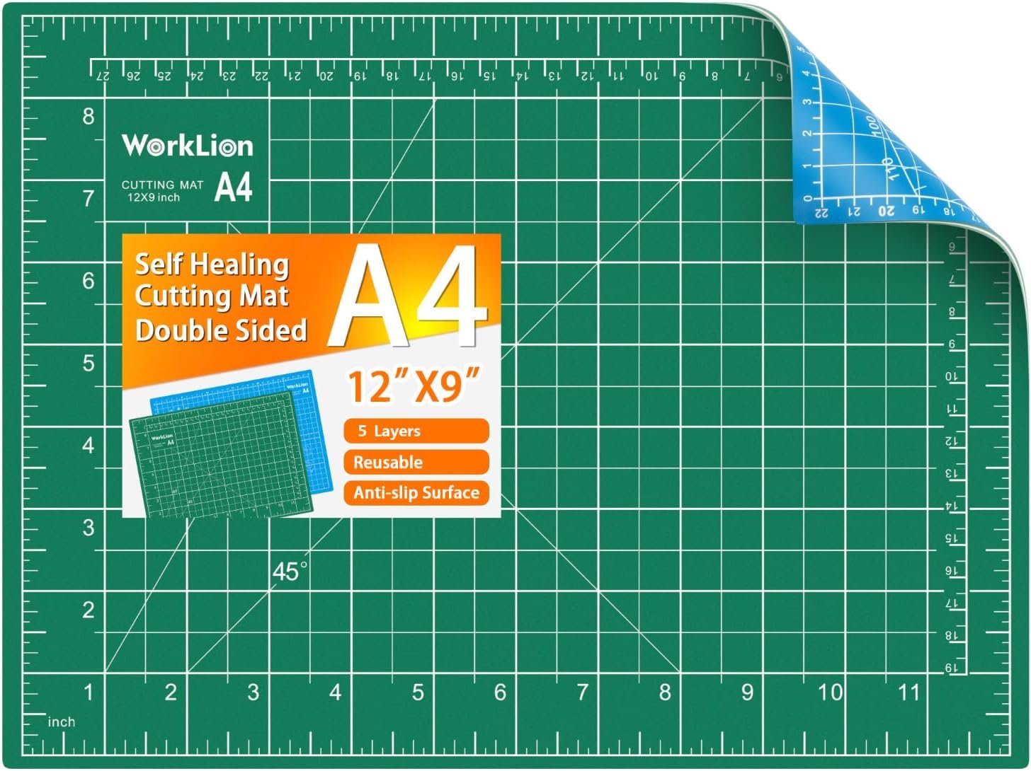 WORKLION Self Healing Cutting Mat: 12”x9” Double Sided Craft Cutting Mat for Sewing, Fabric, Quilting – 5-Ply Slip-Resistant Hobby Cutting Board for DIY Projects (Green/Blue)