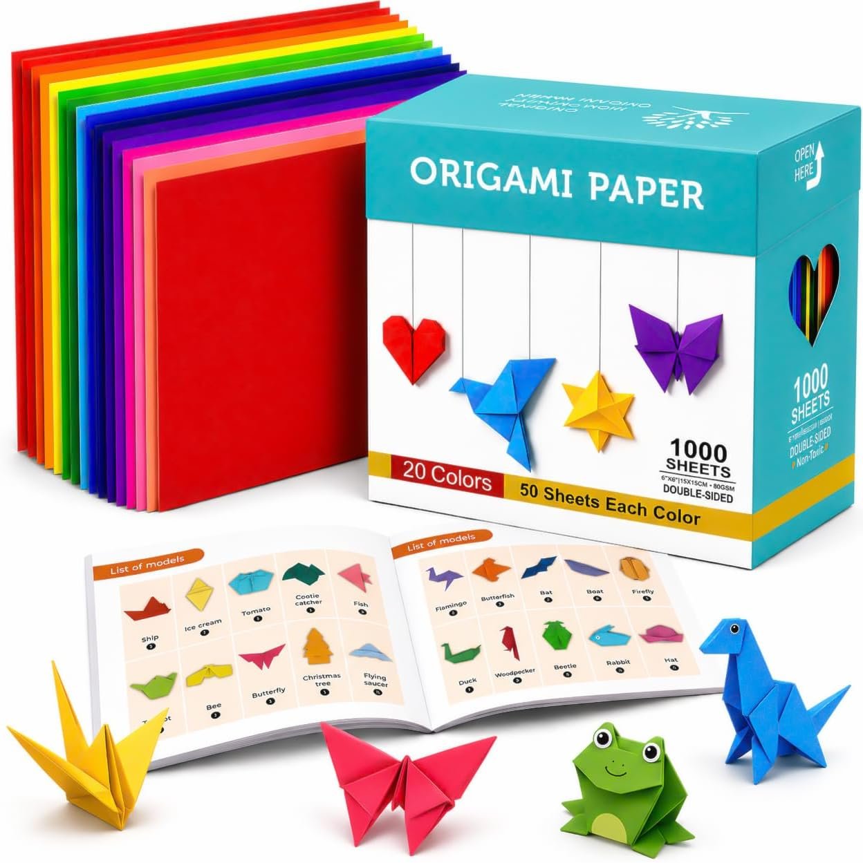 BUBU Origami Paper Kit 1000 Sheets 6×6 Colored Paper with Origami Book