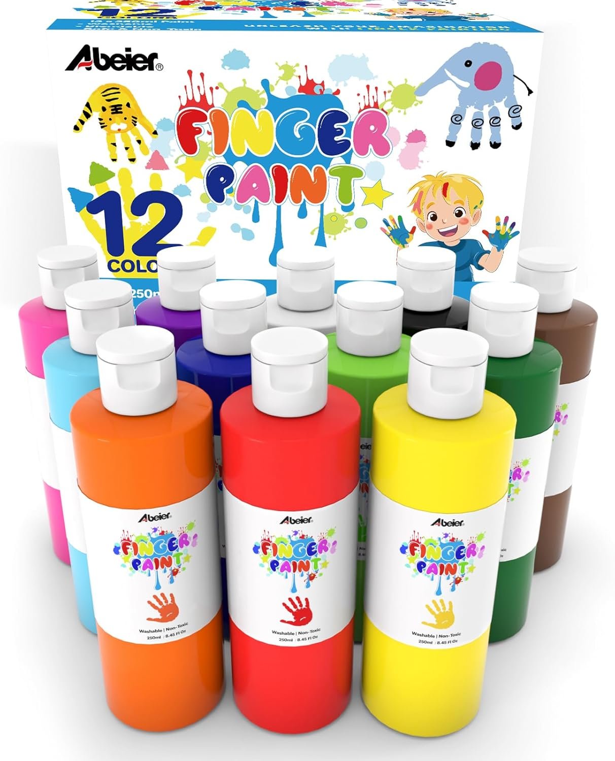 ABEIER Washable Finger Paint Bulk Pack 1-3, 12 x 8.45 fl oz, Non-Toxic