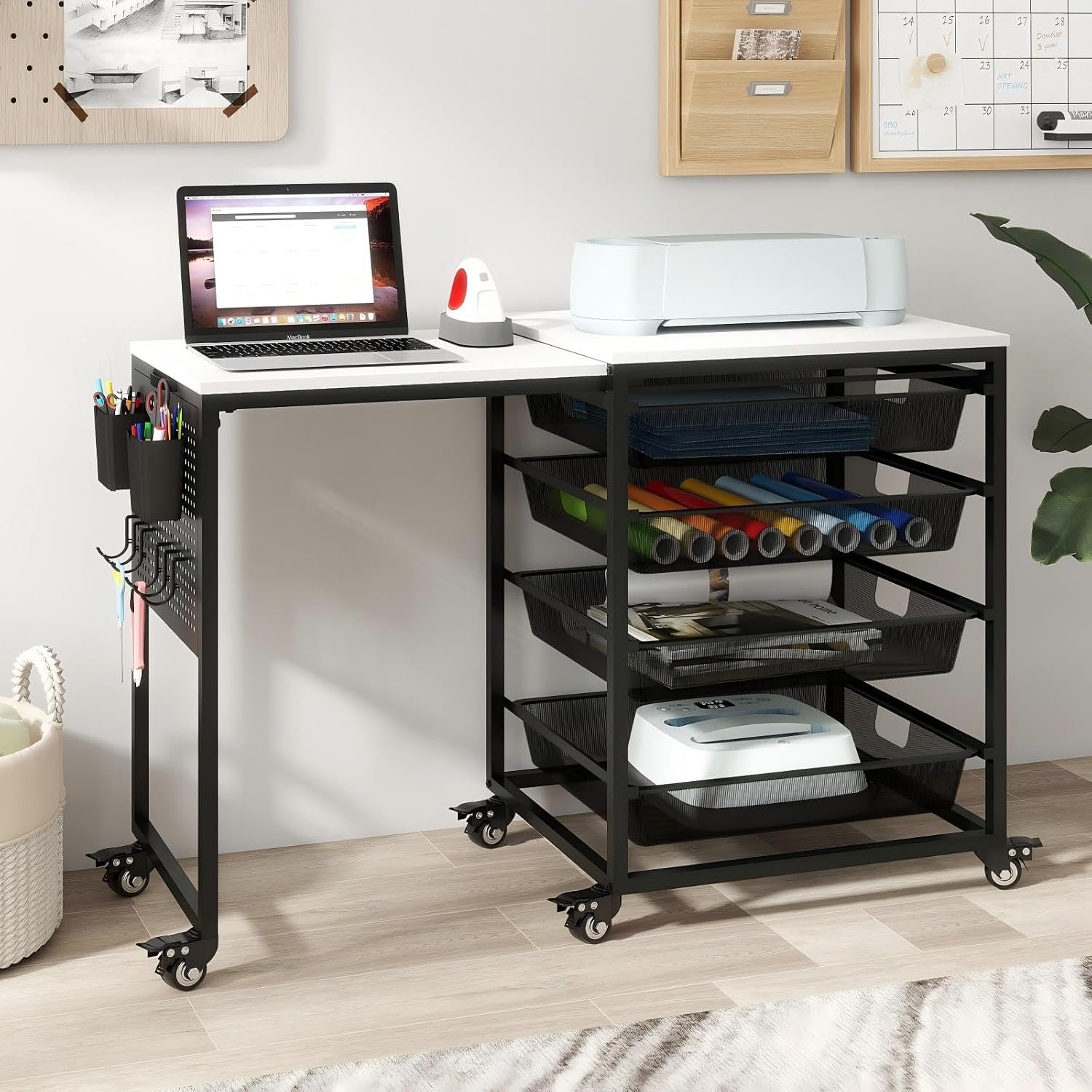 Craft Table with Wheels & Drawer,Extendable Cart with Pegboard,Black