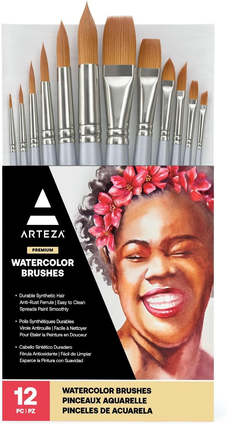 ARTEZA Watercolor Brushes, Set of 12, Synthetic Hair, Assorted Shapes