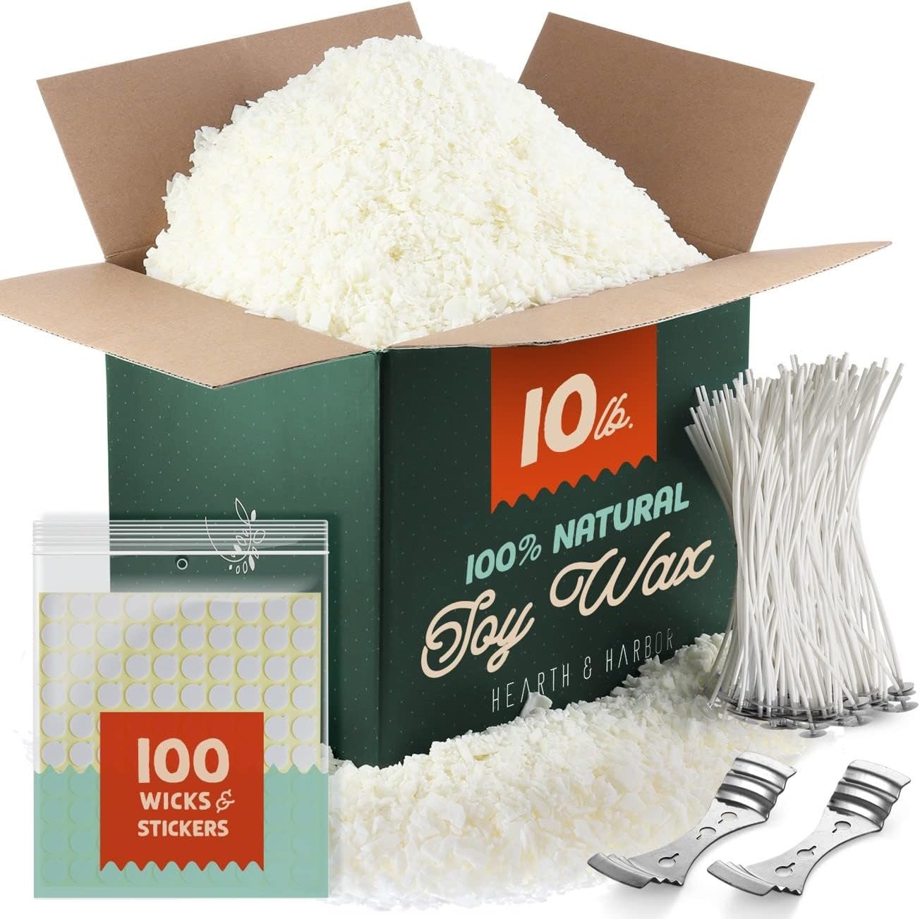 Hearth & Harbor Soy Candle Wax for Candle Making, Natural Soy Wax for Candle Making 10 lb Bag with Supplies, 100 Cotton Candle Wicks, 100 Wick Stickers, 2 Centering Devices – 10 Pounds Soy Wax Flakes