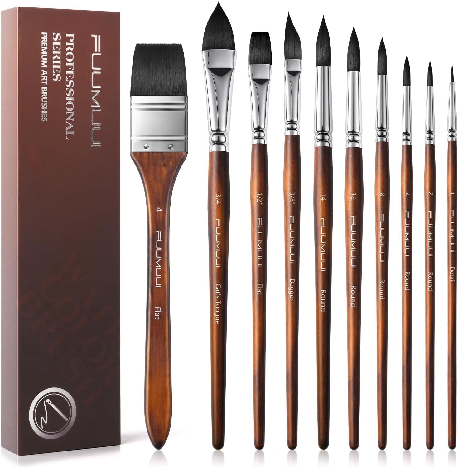Fuumuui Professional Watercolor Brushes – 10Pcs Synthetic Squirrel Hair Paint Brush Set with Wide Flat, Round, Detail, Dagger, Cat’s Tongue for Watercolor Gouache Inks Painting