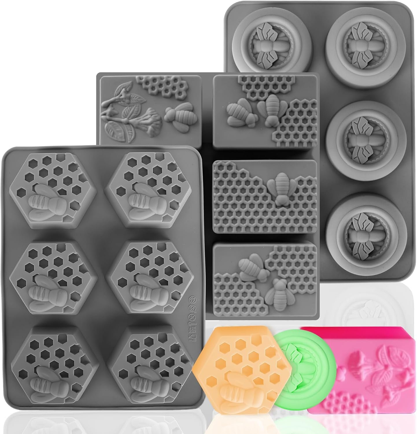 (More Styles Optional) Fuehbur 3 Pack Bee Soap Silicone Molds Set, Round + Rectangular + Hexagon Shape 6 Cavities Honeycomb Plaster Moulds, Wax Melts Beeswax – 3PCS
