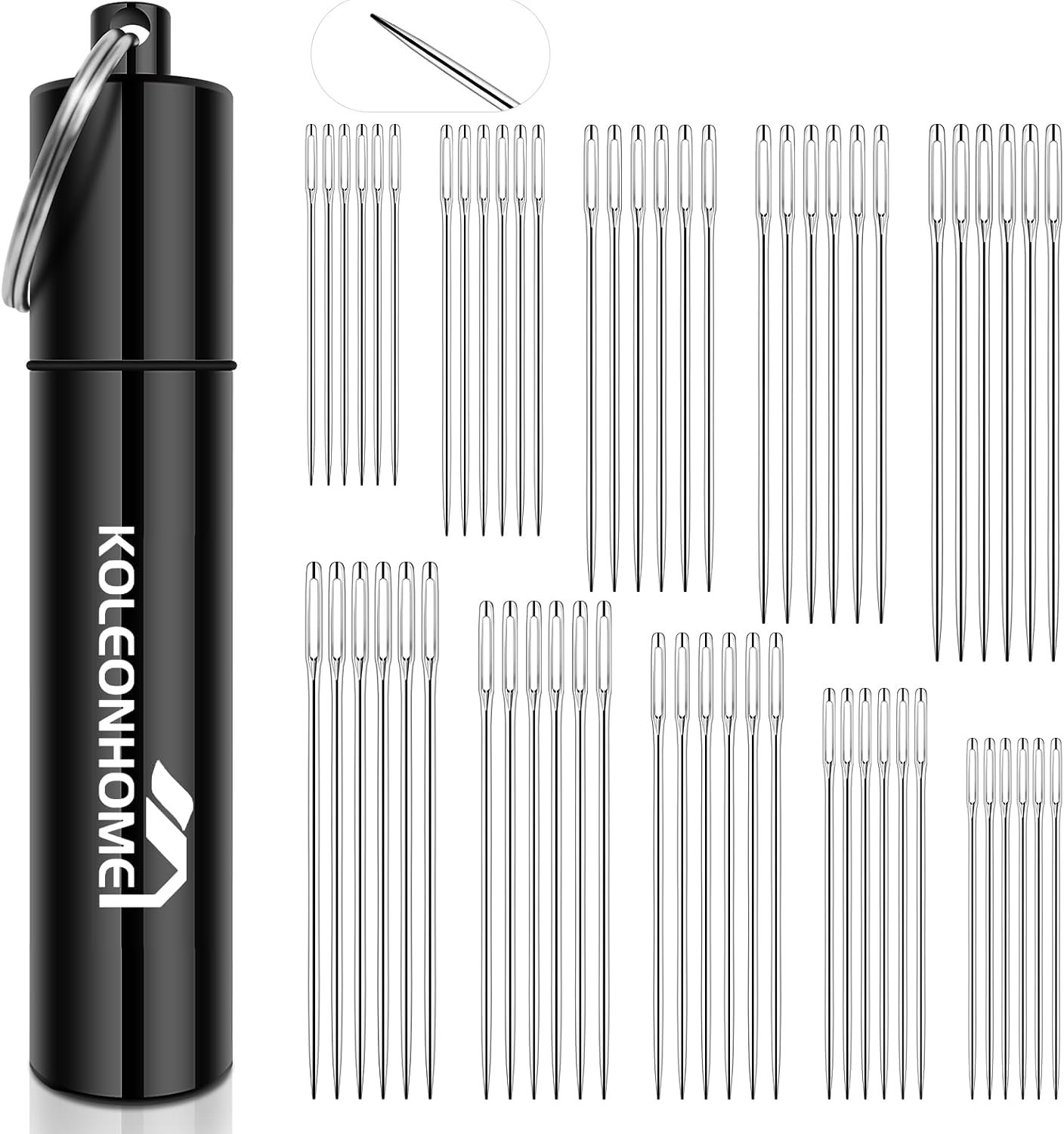 60 Pcs Large Eye Hand Sewing Needles Set, 5 Sizes High-Carbon Steel Needles for Mending, Embroidery, Quilting, Crafts, Denim & Light Leather Repair, Nickel-Plated, Aluminum Storage Tube