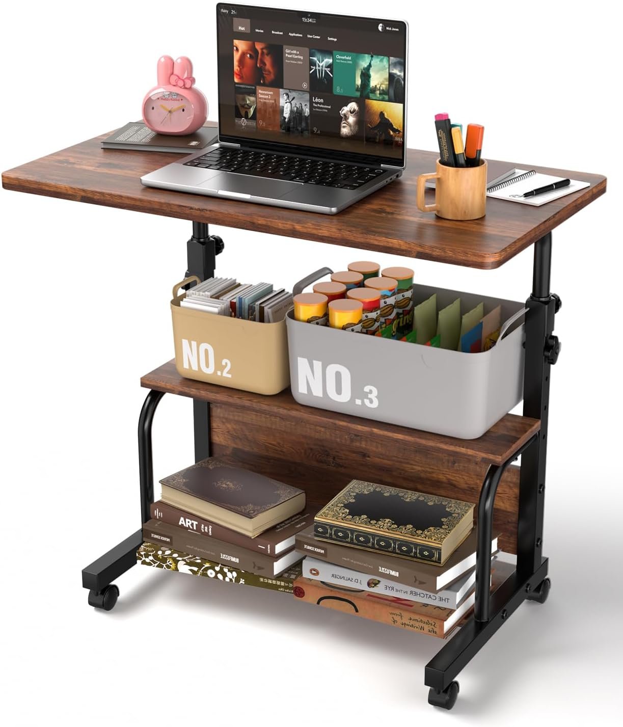 QZMDSM Portable Rolling Desk on Wheels Adjustable Height Desks for Small Spaces, 32″ Computer Desk Drafting Tables with Storage Shelves for Home Office Rustic