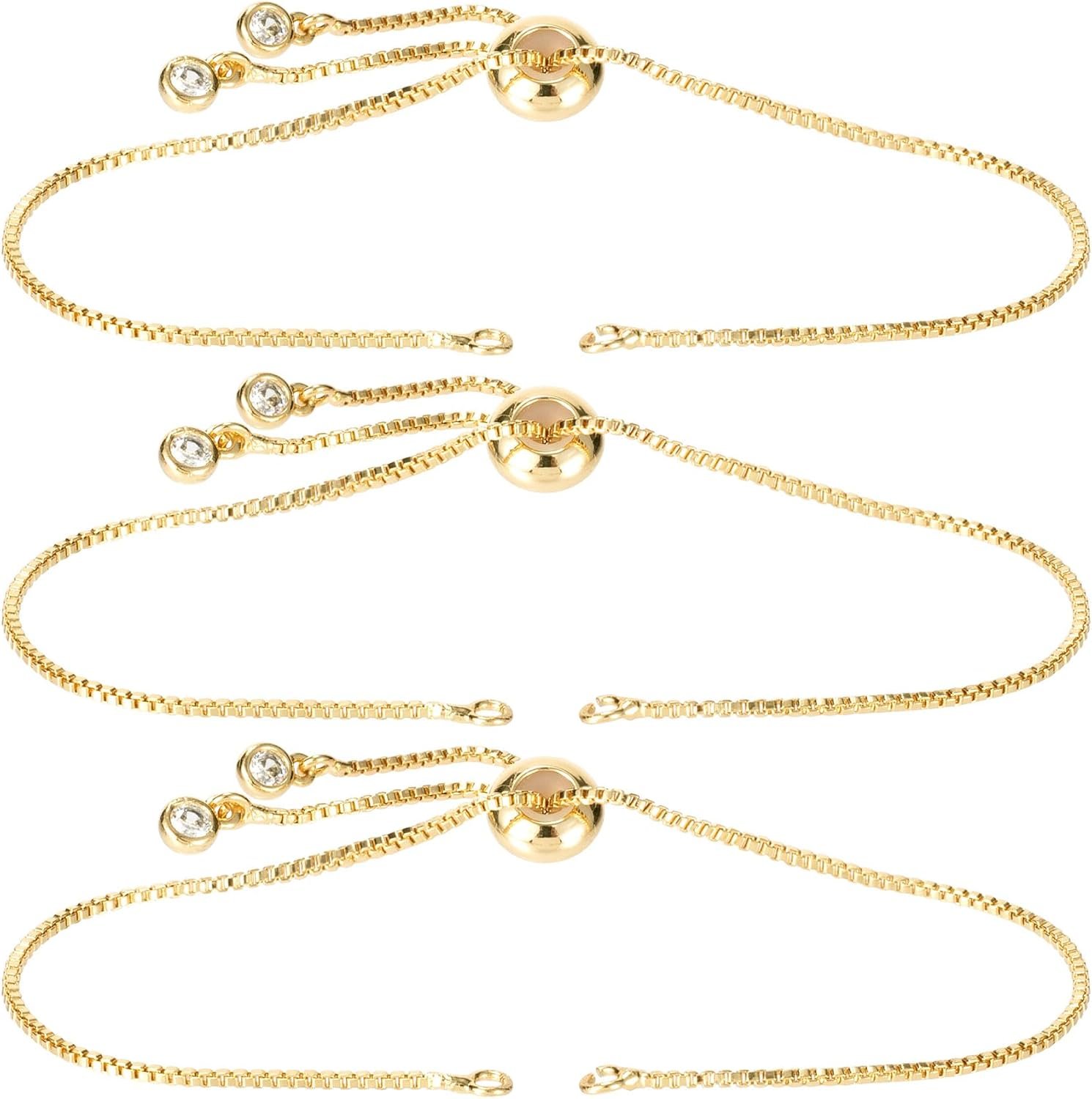 Joez Wonderful 3pcs Adjustable Slider Bracelet for Women, 9.05in, Gold Brass with 18k Gold-plated, with Rhinestones Ends, Bracelet Extender Chains for Jewelry Making, DIY Crafts