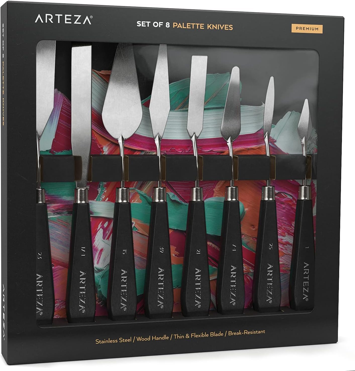 ARTEZA Palette Knives, Set of 8, Stainless Steel for Acrylic and Oil Paint