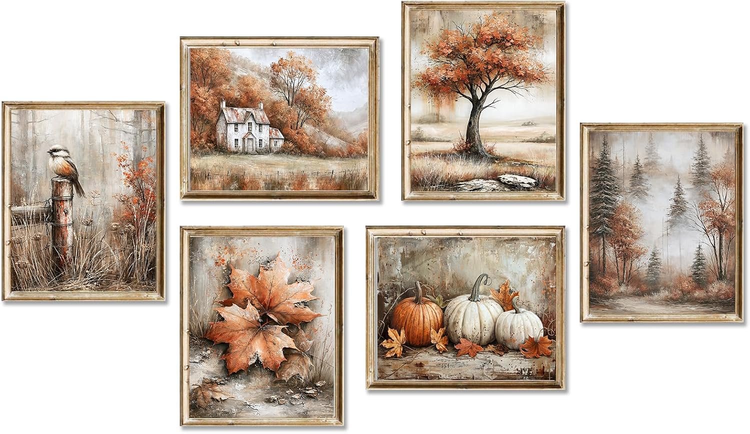 Fall Wall Art Prints Set of 6, 8 x 10 Inch Vintage Autumn Landscape Posters, Rustic Farmhouse Pumpkin, Maple Leaf, Bird and Forest Pictures for Living Room Bedroom Thanksgiving Decor, Unframed