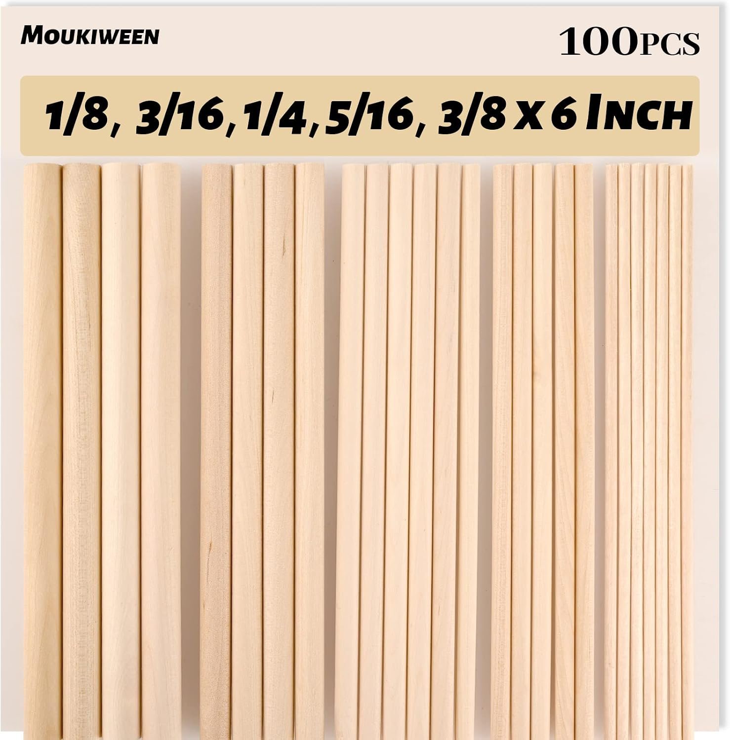 Wooden Dowel Rods, 100PCS 1/8, 3/16, 1/4, 5/16, 3/8 x 6 Inch Assorted Sizes Round Wooden Sticks for Arts Crafts, Home Decor, Cake Support, Unfinished Natural Hardwood Sticks