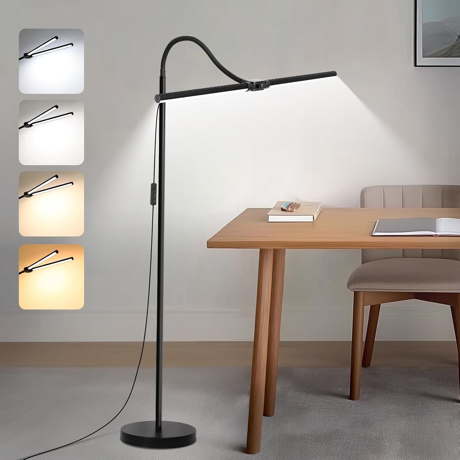 LED Floor Lamp, 18W/2000LM Bright Reading Floor Lamp for Office with Double Head, Adjustable Gooseneck Dimmable Modern Standing Light for Lash Extension Craft, Eye Caring Floor Lamps for Living Room