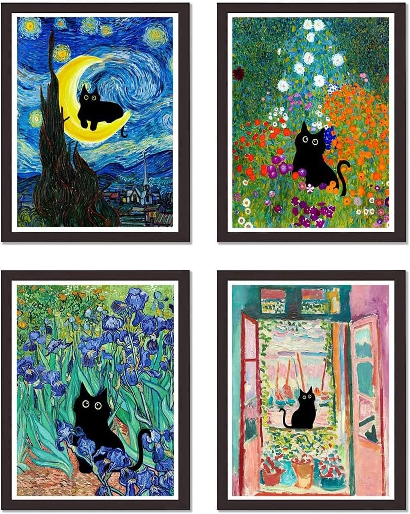 4 Pack Black Cat Starry Sky Flower Stamped Cross Stitch Kits for Adults