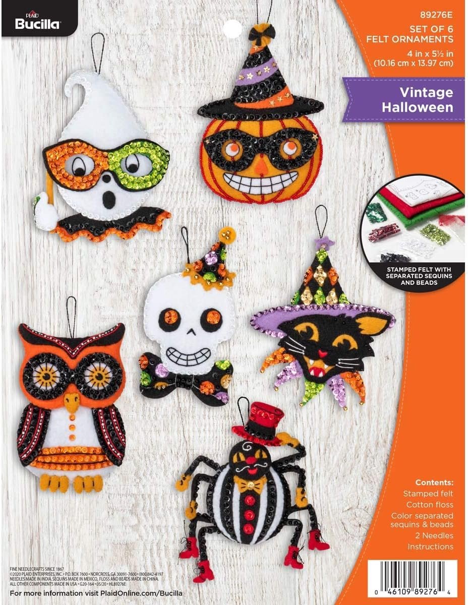 Bucilla 89276E Felt Applique Ornament Kit, Vintage Halloween, Set of 6