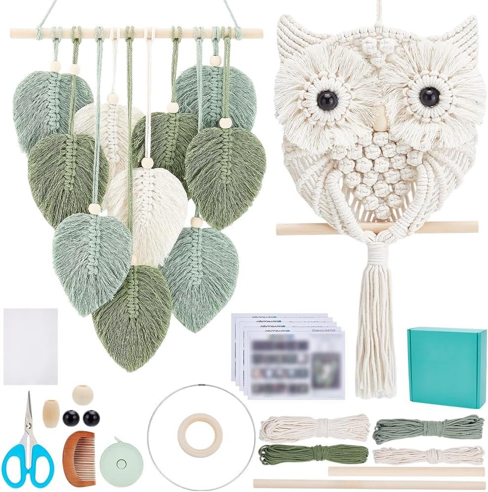 FREEBLOSS 2 Set DIY Macrame Leaf Wall Hanging Kit Beginners Macrame Kit Leaf and Owl Woven Tapestry Feather Wall Hanging DIY Macrame Kit for Adults Birthday Gift, Instructions Included