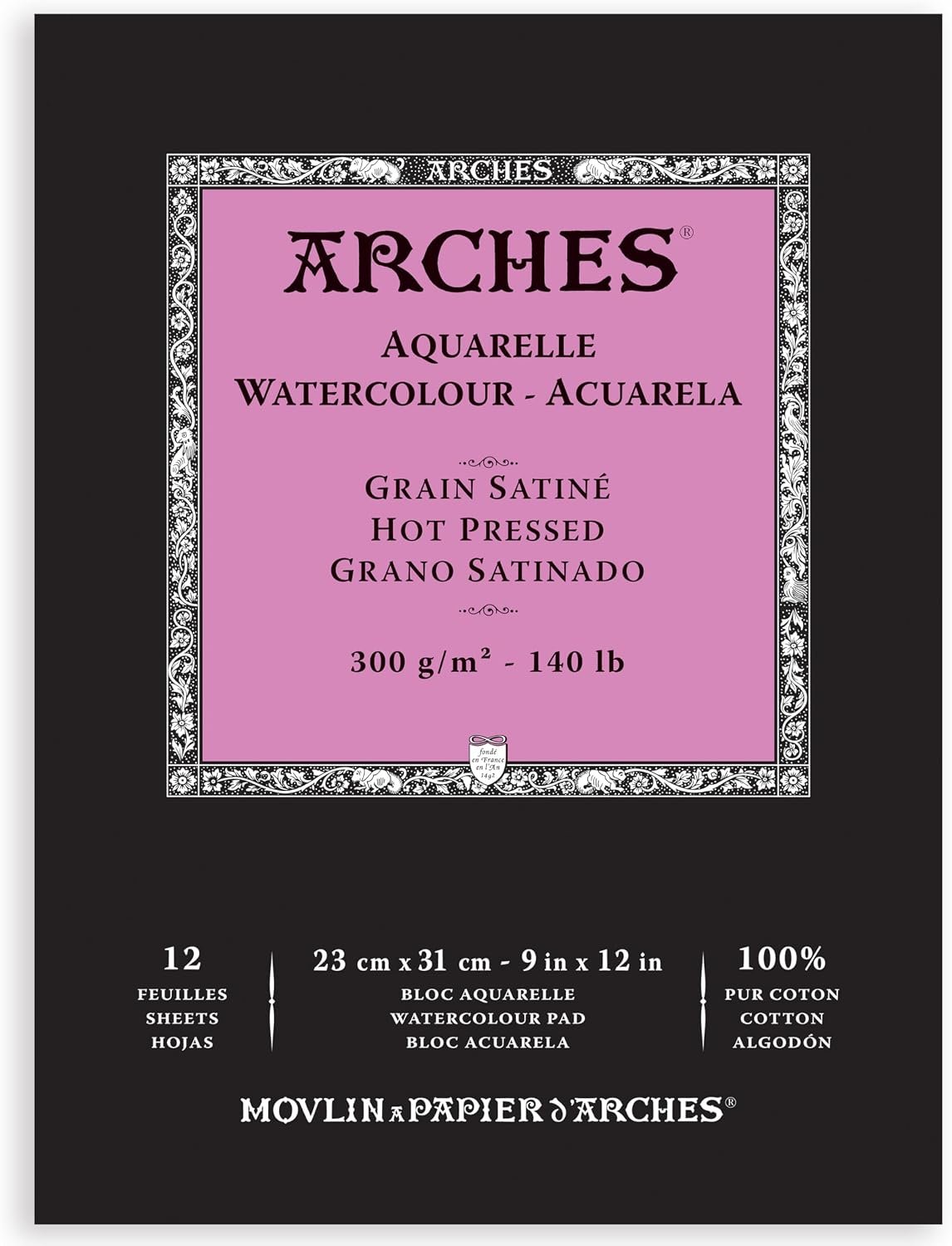 Arches Aquarelle Watercolor Pad, Hot Pressed, 140lb/300gsm, 12 Sheet, 9×12 inch, Arches Watercolor Paper 100% Cotton