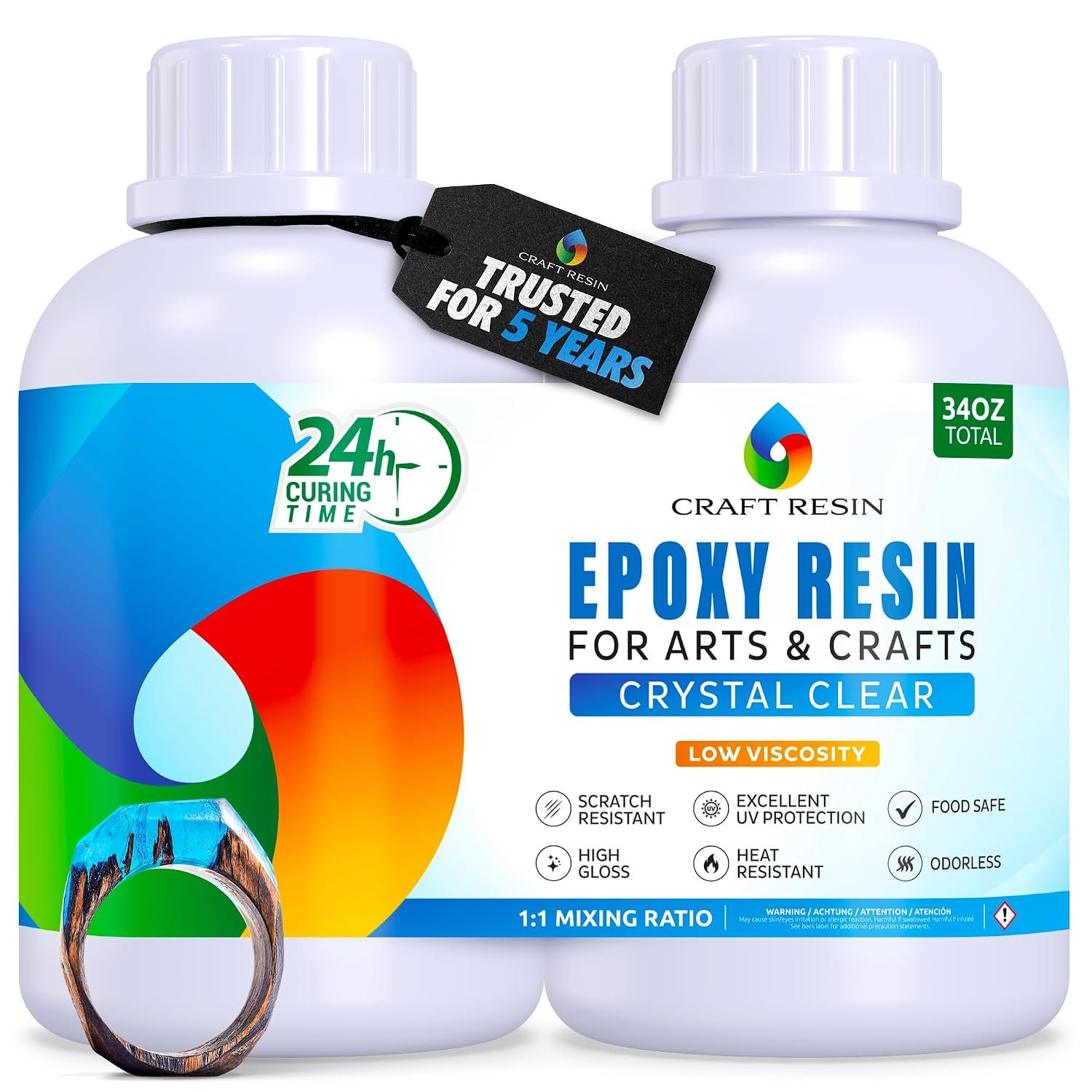 Craft Resin Crystal Clear Epoxy Resin Kit – Food Safe, UV Resistant – 34 Oz