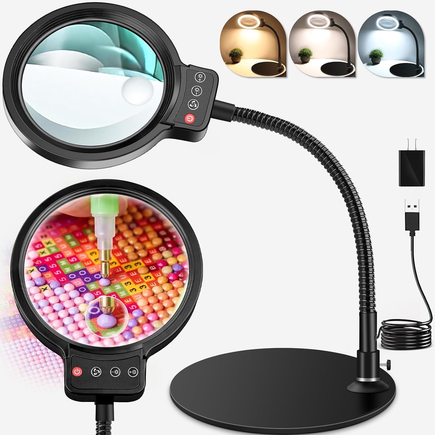 10X 30X Magnifying Glass with Light and Stand, LED Desk Lamp for Close Work