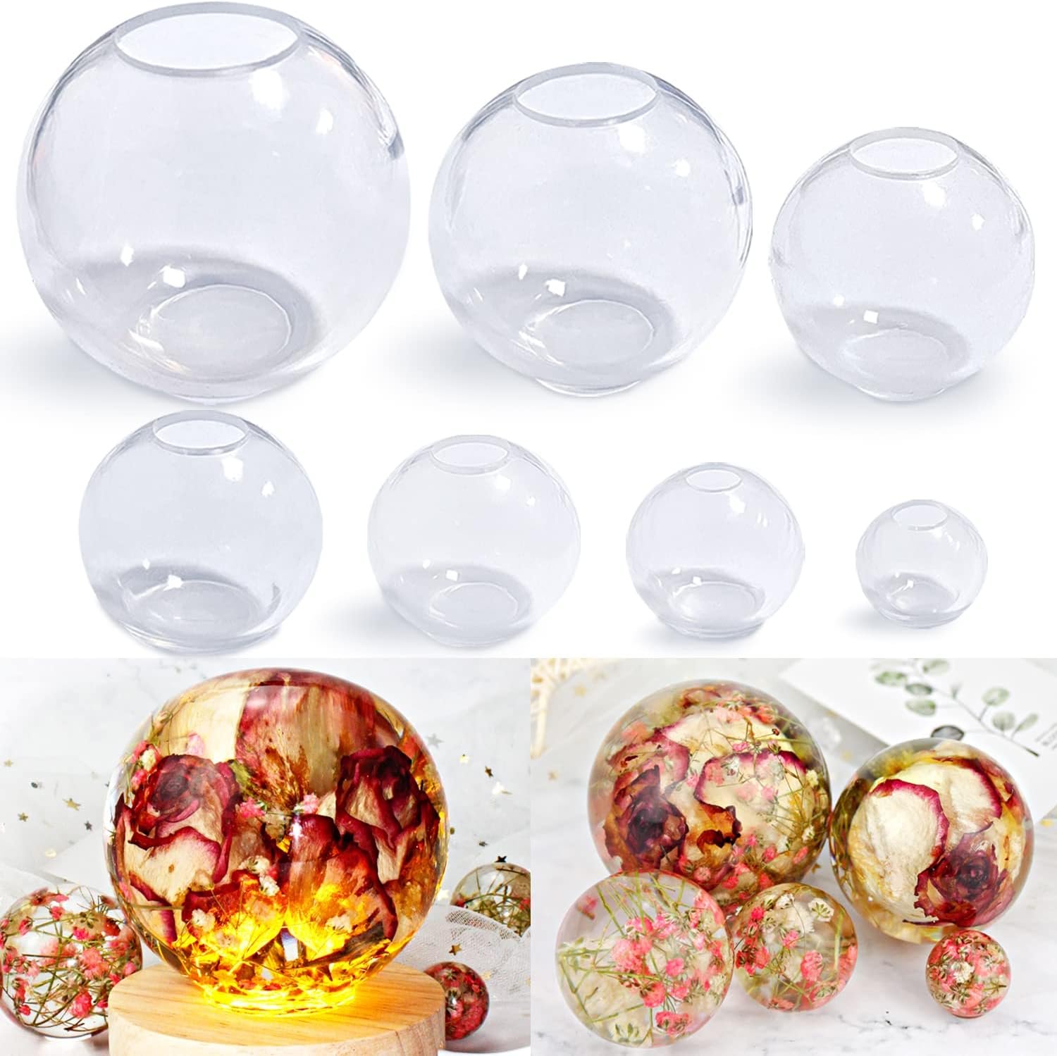 RESINWORLD Set of 4, 3″, 2.5″, 2″, 1.7″, 1.3″, 0.9″ Clear Silicone Sphere Molds, Large 3D Seamless Sphere Silicone Molds for Resin Casting, Round Ball Orbs Epoxy Resin Mold for Jewelry, Soap, Candle