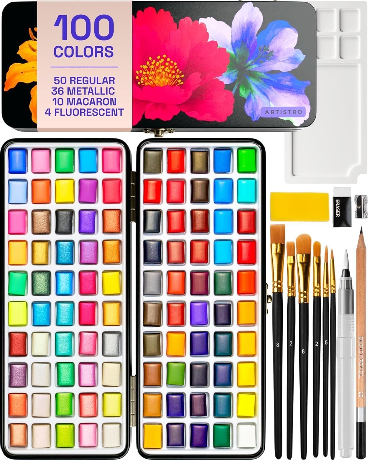 ARTISTRO Deluxe Watercolor Paint Set with Palette & Brush Pens – 100 Colors