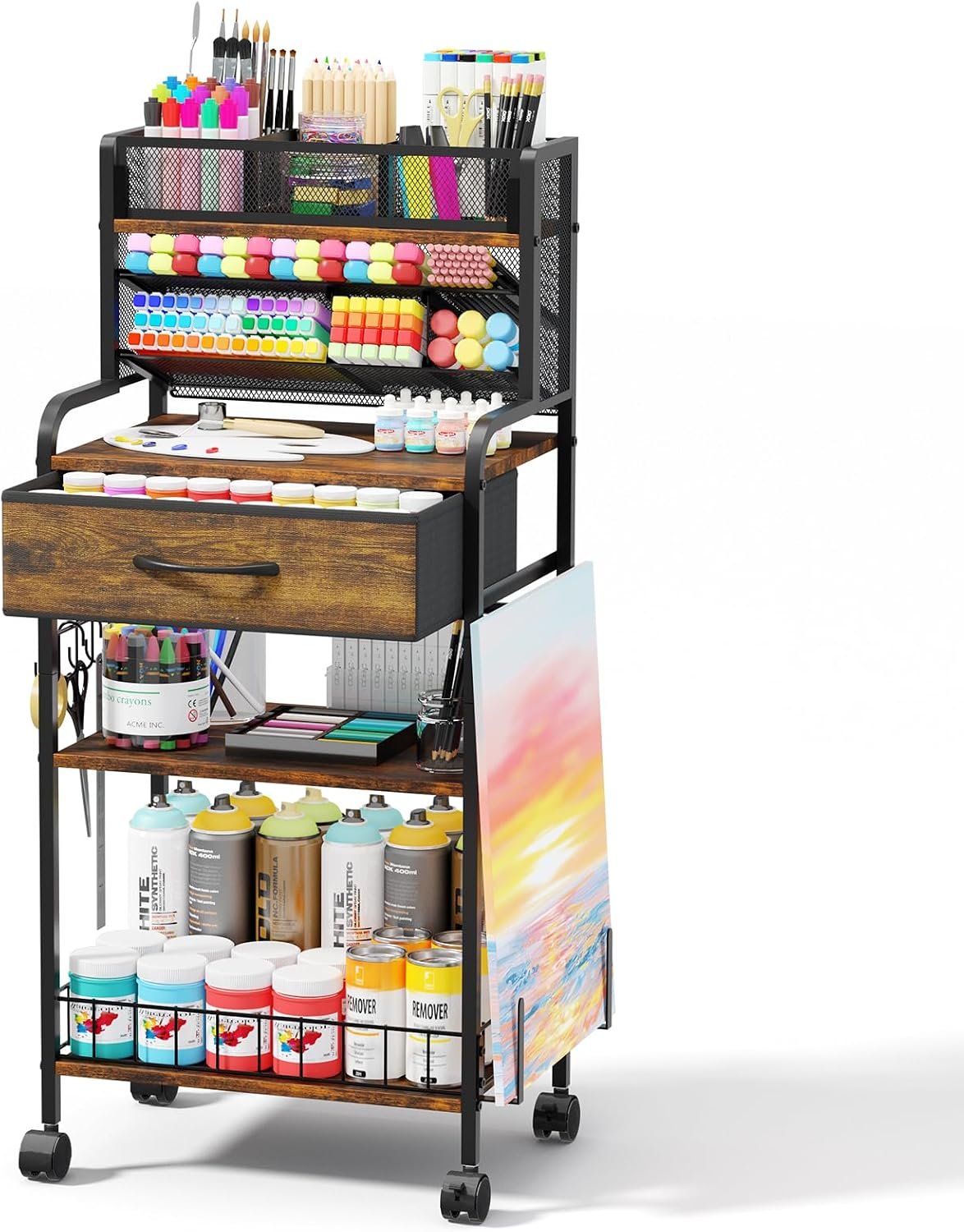 Homsorout Art cart, 3 Tier Rolling Cart – Utility Cart with Storage Drawer and Wheels, Versatile Art & Craft Organizer for Home, Office, or Studio Ideal for Storing Brushes, Paints （Brown）
