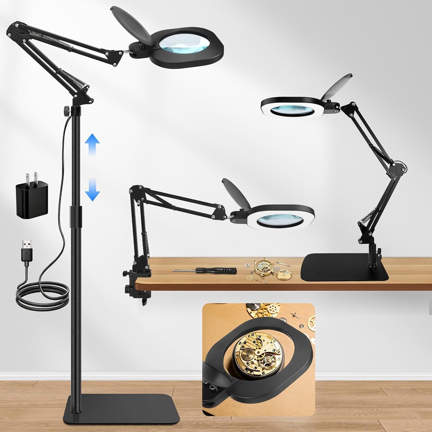 15X Real Glass Magnifying Lamp, 3-in-1 LED Desk Lamp with Base Clamp & Floor Stand, 5 Color Modes Stepless Dimmable, Adjustable Swing Arm, for Repair, Reading,Crafts,Painting
