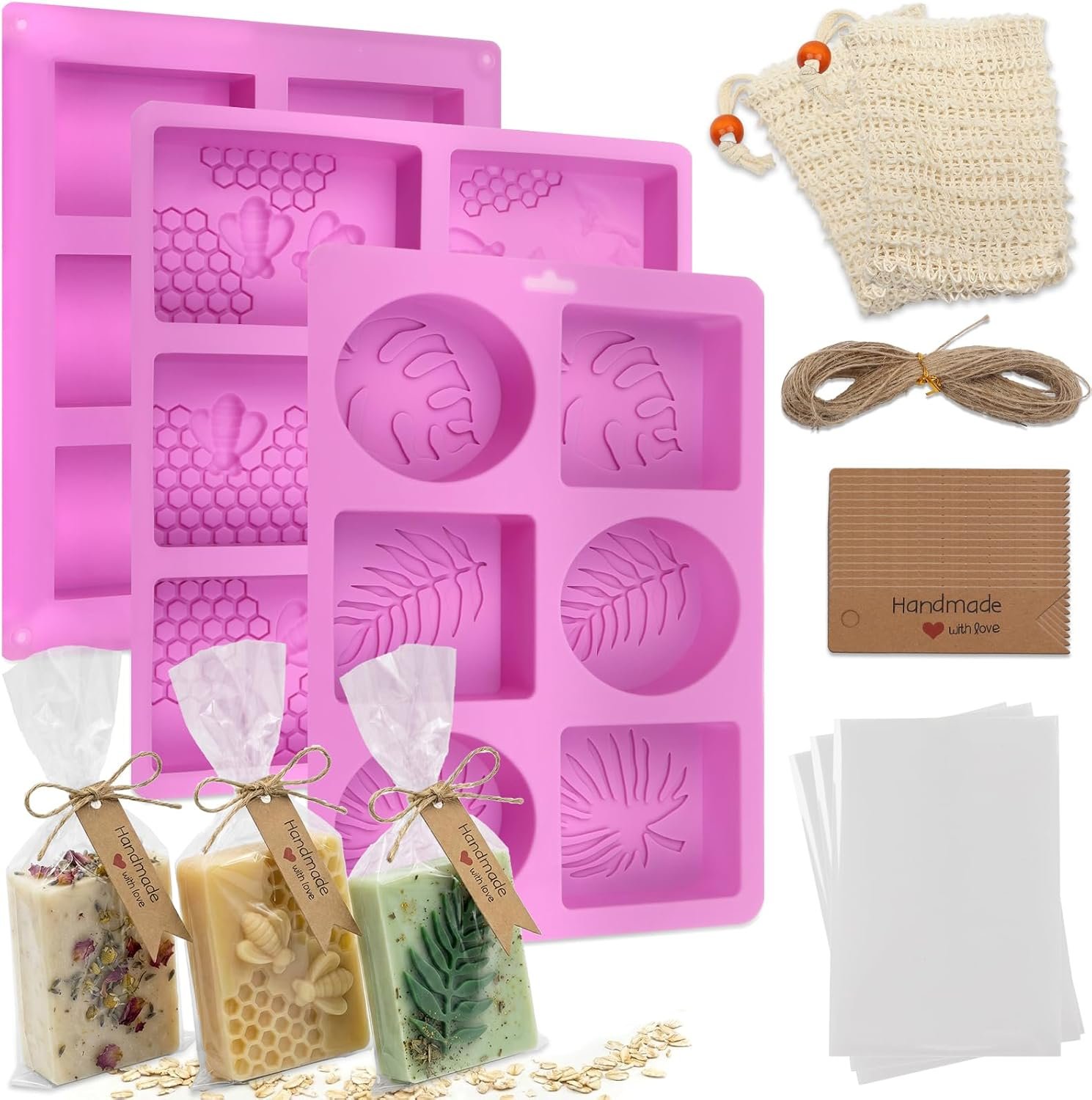 102 Pcs Soap Making Mold Kit – 3 Silicone Molds, 48 Bags, 48 Gift Tags, 65ft Jute Twine, 2 Sisal Foaming Soap Bag Pouch for Handmade Craft Soaps, Jelly, Chocolate & Ice Cube Trays, DIY Wax Melts